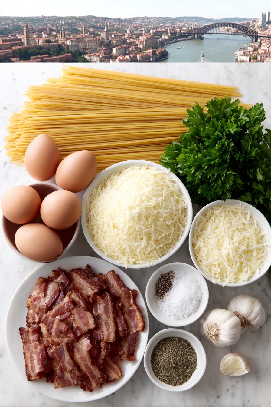 Flat lay of crispy brown bacon pieces, two peeled garlic cloves, a neat nest of raw spaghetti pasta, three whole brown eggs with clean shells, a small white bowl filled with grated Parmesan cheese, a small white bowl with freshly cracked black pepper, a small white bowl of salt crystals, and a small handful of fresh bright green parsley leaves, all arranged symmetrically on simple white ceramic dishes and bowls, placed on a clean white marble surface, soft natural light, photo taken with an iPhone, professional food photography style, fresh ingredients, white ceramic bowls, no bottles, no duplicates, no utensils, no packaging --ar 2:3 --v 7 --p m7354615311229779997 - Spaghetti Carbonara with Bacon, Easy Spaghetti Carbonara, Quick Italian Pasta, Creamy Bacon Pasta, Classic Spaghetti Carbonara
