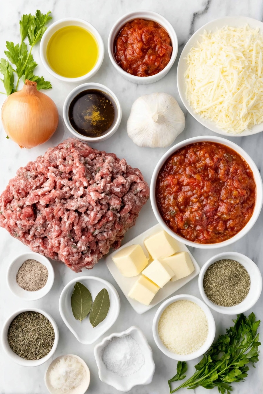 Flat lay of a small white ceramic bowl of golden olive oil, a whole uncracked brown onion, a medium peeled orange carrot diced finely, a single fresh celery stick diced finely, two whole uncracked garlic cloves, a mound of fresh ground beef, a small white ceramic bowl filled with crushed bright red tomatoes, a small white ceramic bowl of deep red tomato paste, a small white ceramic bowl of dark red Pinot Noir wine, three crumbled brown beef bouillon cubes, two fresh green bay leaves, a small white ceramic bowl holding dried thyme and oregano, a small white ceramic bowl with dark brown Worcestershire sauce, a few granules of white sugar, a small white ceramic bowl with coarse salt and black peppercorns, a chunk of pale yellow butter, a small white ceramic bowl of white flour, a small white ceramic bowl filled with fresh full cream milk, a pile of shredded pale yellow gruyere cheese, a small white ceramic bowl with ground nutmeg, a stack of fresh pale yellow lasagna sheets, a heap of shredded white mozzarella cheese, and a few sprigs of bright green basil and parsley placed on a clean white marble surface, soft natural light, photo taken with an iPhone, professional food photography style, fresh ingredients, white ceramic bowls, no bottles, no duplicates, no utensils, no packaging --ar 2:3 --v 7 --p m7354615311229779997 - Easy Beef Lasagna with Cheese Sauce, homemade beef lasagna, cheesy lasagna recipe, comfort food lasagna, classic beef lasagna