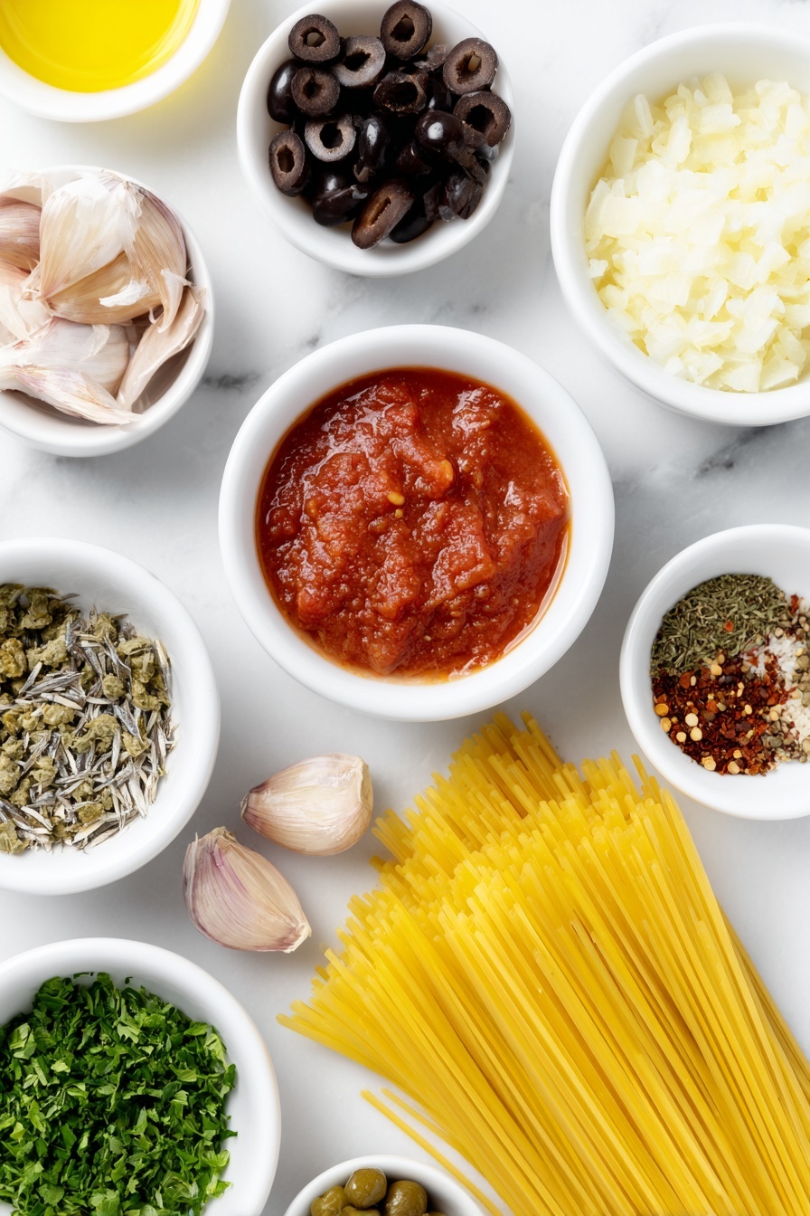Flat lay of a small white ceramic bowl of extra virgin olive oil, a small white bowl filled with bright red tomato paste, three whole uncracked brown garlic cloves, a small white bowl with finely chopped pale yellow onion, a few silvery chopped anchovy fillets, a small white bowl of rough chopped black and green olives, a small white bowl of small dark green capers, a sprinkle of red pepper flakes in a small white bowl, dried oregano leaves scattered lightly on the white surface, a small white bowl of coarsely chopped fresh green parsley, and a neat bundle of uncooked golden yellow linguine pasta, all arranged in perfect symmetry and balanced proportions, placed on a clean white marble surface, soft natural light, photo taken with an iPhone, professional food photography style, fresh ingredients, white ceramic bowls, no bottles, no duplicates, no utensils, no packaging --ar 2:3 --v 7 --p m7354615311229779997 - Easy Pasta Puttanesca, Pasta Puttanesca recipe, quick Italian pasta, simple pasta sauces, flavorful pasta dishes