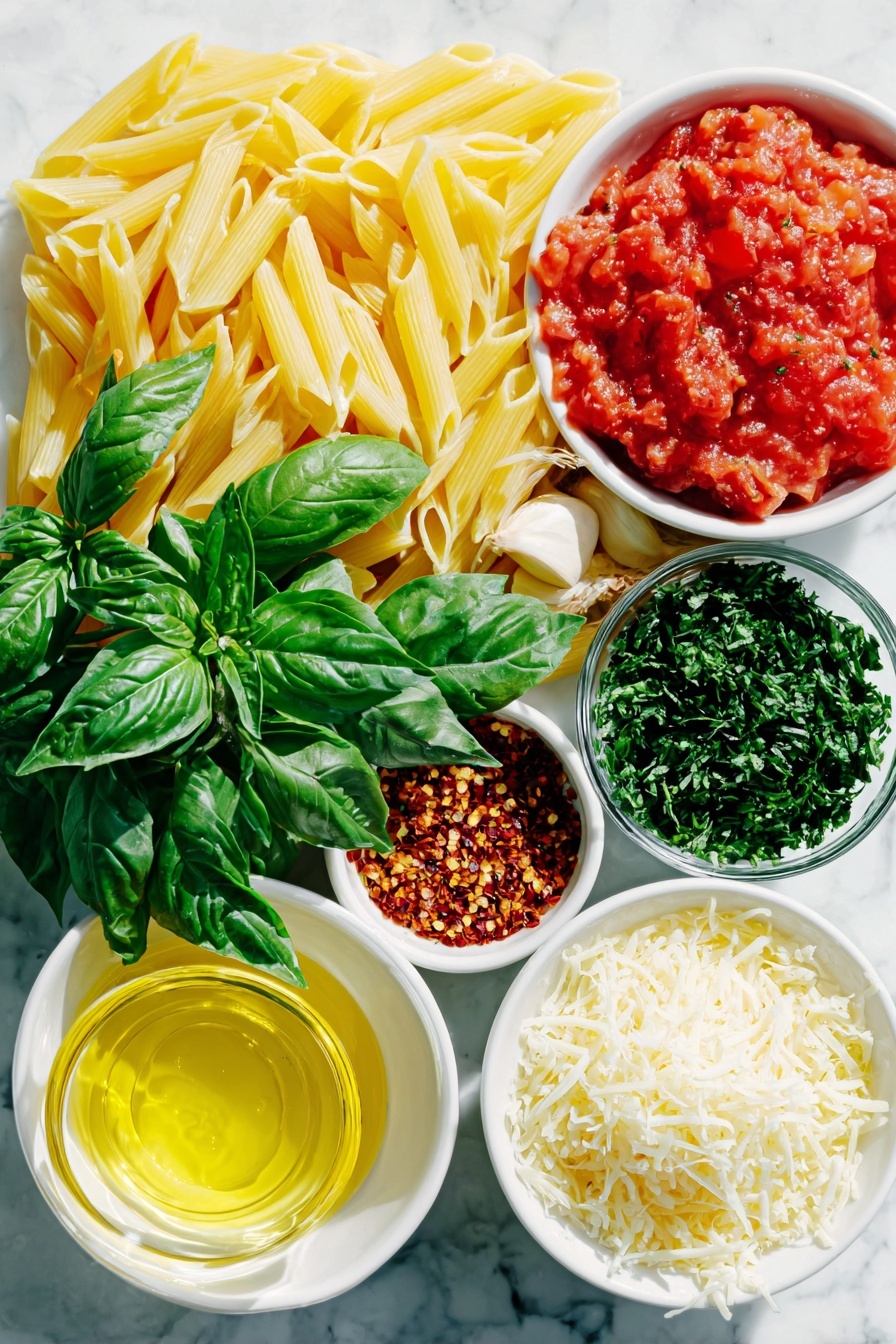 Flat lay of fresh uncooked penne rigate pasta, a small white bowl of golden olive oil, three whole uncracked garlic cloves, a small white bowl with bright red crushed red pepper flakes, a small white bowl filled with fresh chopped vibrant red tomatoes, a small white bowl of deep red tomato paste, six fresh green basil leaves, a small white bowl of finely grated pale yellow parmesan cheese, a small white bowl with freshly chopped bright green parsley leaves, all arranged in perfect symmetry on a clean white ceramic surface placed on a clean white marble surface, soft natural light, photo taken with an iPhone, professional food photography style, fresh ingredients, white ceramic bowls, no bottles, no duplicates, no utensils, no packaging --ar 2:3 --v 7 --p m7354615311229779997 - Spicy Penne Arrabbiata, spicy pasta, easy Italian pasta, quick dinner recipes, flavorful penne pasta