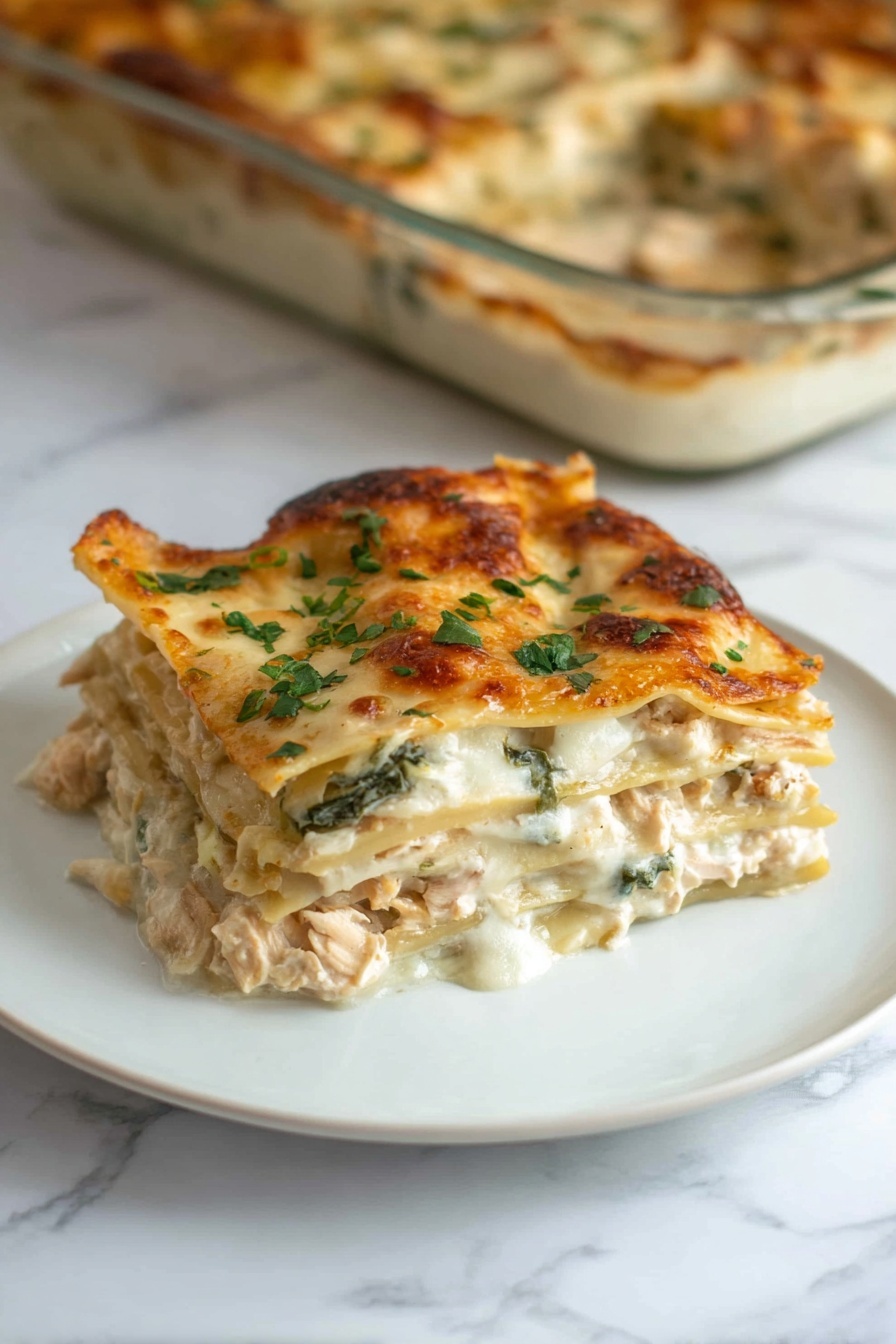 The image shows a glass baking dish filled with a lasagna that has several visible layers. The bottom layer is a red tomato sauce with some herbs, topped by a smooth creamy white cheese layer. Above that, there are pasta sheets with a beige color and wavy edges, followed by more tomato sauce and cheese layers. The top layer is golden brown melted cheese sprinkled with small green parsley pieces. The dish rests on a white marbled surface with a dark blue striped cloth in the background and a white pot with green plants nearby. Photo taken with an iphone --ar 2:3 --v 7 - Chicken Alfredo Lasagna with Spinach, creamy chicken lasagna, spinach lasagna casserole, baked Alfredo lasagna, cheesy chicken spinach pasta