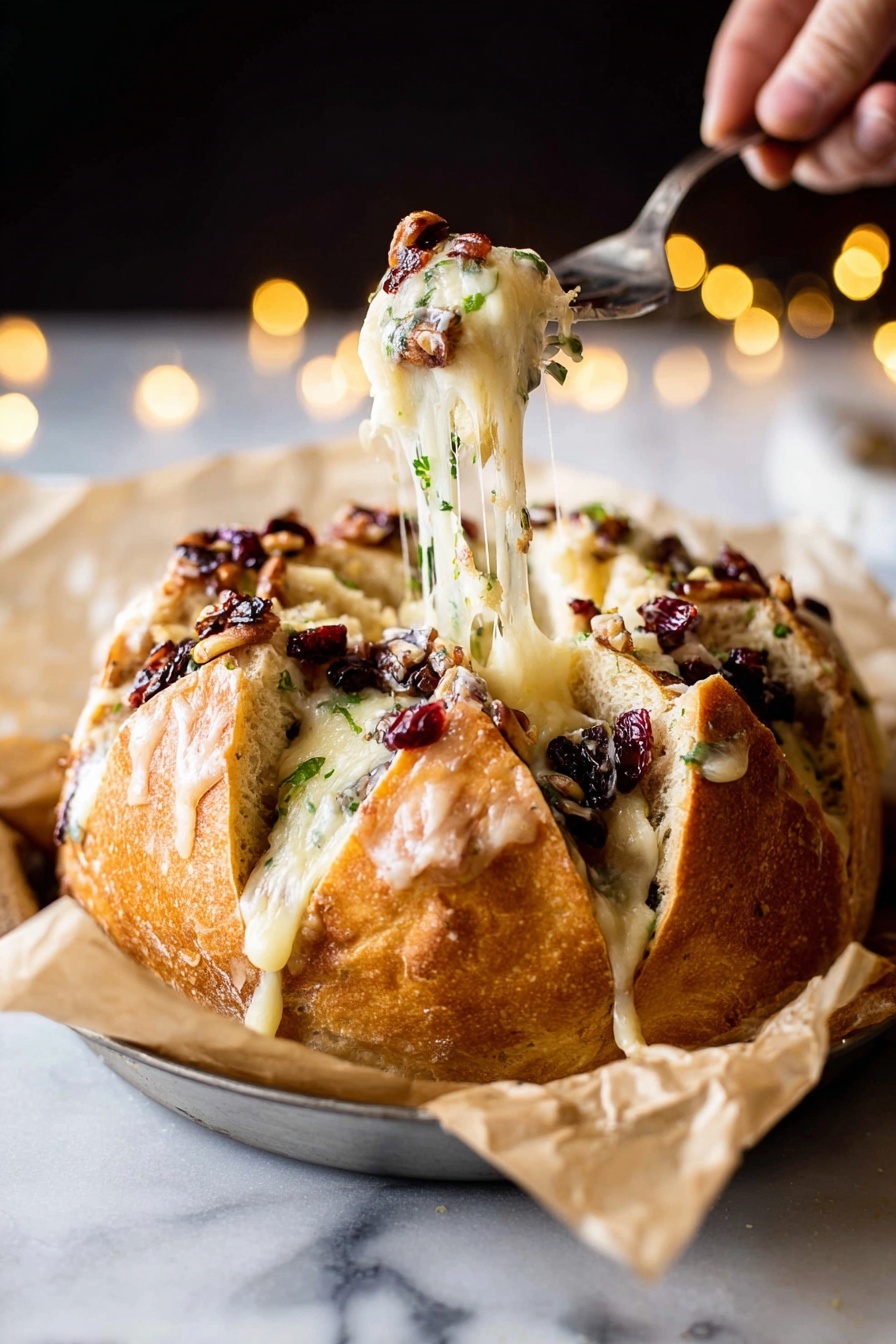 A round bread loaf is placed on crumpled parchment paper in a pan, with the top cut in a star shape showing its soft inside. The bread is golden brown and topped with small pieces of dark red dried fruit and nuts scattered on the surface. Inside the bread, cream-colored melted cheese stretches out as a fork lifts a section, showing gooey layers with small bits of green herbs mixed in. A woman's hand holds the fork from the right side. The background is dark with soft yellow lights, while the whole scene sits on a white marbled surface. photo taken with an iphone --ar 2:3 --v 7 - Cranberry Brie Pull Apart Bread, holiday appetizer, easy Christmas appetizer, cheese and cranberry bread, festive pull apart bread