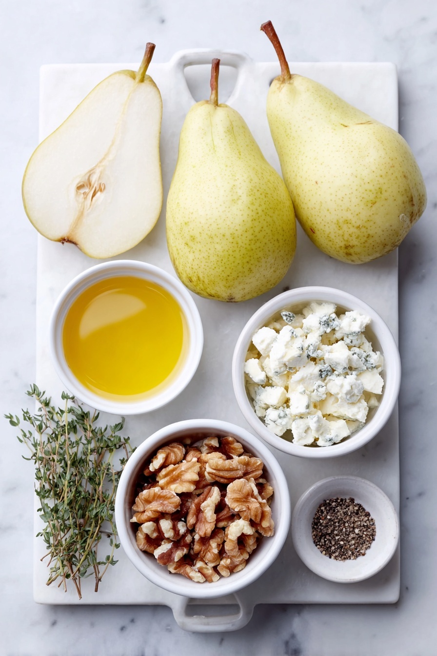 Flat lay of two ripe but firm pears halved lengthwise, a small white bowl of crumbled blue cheese, a small white bowl of chopped walnuts, a few sprigs of fresh thyme leaves, a small white bowl of golden honey, a small white bowl of olive oil, a small pile of freshly ground black pepper placed on a clean white marble surface, soft natural light, photo taken with an iPhone, professional food photography style, fresh ingredients, white ceramic bowls, no bottles, no duplicates, no utensils, no packaging --ar 2:3 --v 7 --p m7354615311229779997 - Blue Cheese Stuffed Pears, pear appetizer, elegant party appetizers, blue cheese pear bites, cheese stuffed fruit