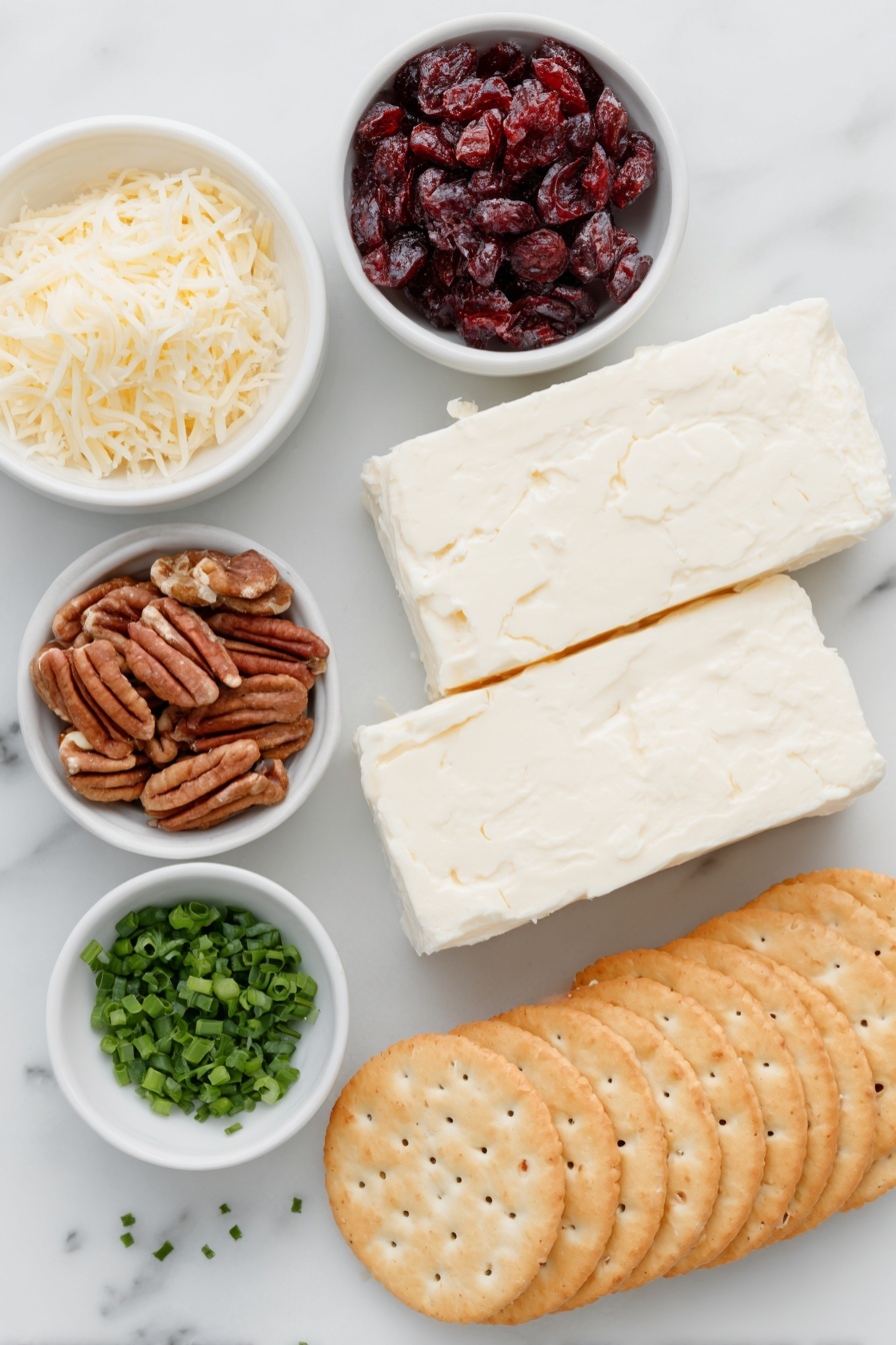Flat lay of two rectangular blocks of creamy white cream cheese, a small pile of shredded white cheddar cheese, a small white bowl filled with bright red dried cranberries, a small white bowl of whole pecan halves and pieces, a small white bowl containing finely chopped fresh green chives, and a neat stack of golden brown round crackers arranged symmetrically, all placed on a clean white marble surface, soft natural light, photo taken with an iPhone, professional food photography style, fresh ingredients, white ceramic bowls, no bottles, no duplicates, no utensils, no packaging --ar 2:3 --v 7 --p m7354615311229779997 - Cranberry Pecan Cheese Ball, holiday cheese ball, festive appetizer, easy cheese ball recipe, Christmas appetizer