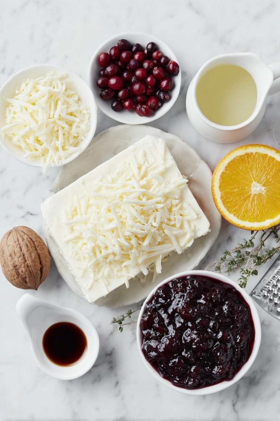 Flat lay of a block of creamy full-fat cream cheese, a small mound of shredded extra-sharp cheddar cheese, a handful of fresh bright red cranberries, a small white ceramic bowl filled with deep red homemade cranberry sauce, a small white bowl holding golden orange fresh squeezed orange juice, a quarter of a vibrant naval orange, a small bowl with fresh lemon juice, a small white bowl with clear water, and a fresh whole nutmeg fruit placed next to a nutmeg grater, all arranged with perfect symmetry on a clean white marble surface, soft natural light, photo taken with an iPhone, professional food photography style, fresh ingredients, white ceramic bowls, no bottles, no duplicates, no utensils, no packaging --ar 2:3 --v 7 --p m7354615311229779997 - Cranberry Cream Cheese Dip, holiday dip recipes, easy cranberry dip, festive appetizer ideas, quick holiday dips