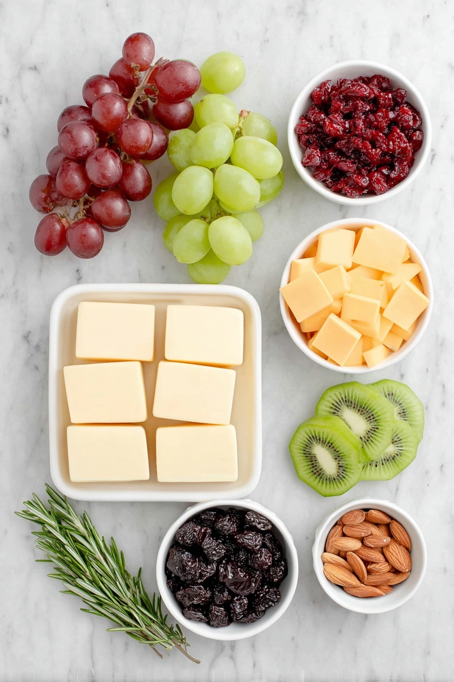 Flat lay of fresh rosemary sprigs arranged in a loose bundle, a whole celery stalk with crisp leaves, small clusters of red seedless grapes, green seedless grapes, and black seedless grapes, sharp cheddar cheese cut into neat squares, Monterey Jack cheese cut into matching squares, mild cheddar cheese cut into matching squares, bright red fresh cranberries in a small white ceramic bowl, thin star fruit slices arranged in a small pile, assorted mixed nuts including almonds in a small white ceramic bowl, and vibrant green kiwi fruit slices neatly fanned out on a simple white ceramic plate, all placed on a clean white marble surface, soft natural light, photo taken with an iPhone, professional food photography style, fresh ingredients, white ceramic bowls, no bottles, no duplicates, no utensils, no packaging --ar 2:3 --v 7 --p m7354615311229779997 - Festive Christmas Tree Charcuterie Board, Christmas Tree Charcuterie Platter, Holiday Charcuterie Ideas, Christmas Party Appetizer, Festive Charcuterie Display