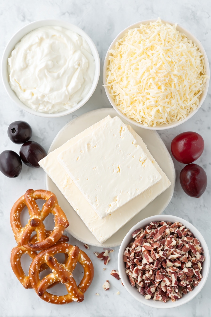 Flat lay of two blocks of cream cheese, a small white bowl with sour cream, a mound of shredded medium cheddar cheese, a small white bowl containing ranch seasoning powder, a pile of roughly chopped pecans, two whole uncracked black olives, one fresh cherry tomato, and two regular-sized pretzels arranged symmetrically on simple white ceramic bowls and plates, placed on a clean white marble surface, soft natural light, photo taken with an iPhone, professional food photography style, fresh ingredients, white ceramic bowls, no bottles, no duplicates, no utensils, no packaging --ar 2:3 --v 7 --p m7354615311229779997 - Festive Reindeer Cheese Ball, Christmas cheese ball appetizer, holiday cheese ball, fun holiday party recipes, easy festive cheese ball