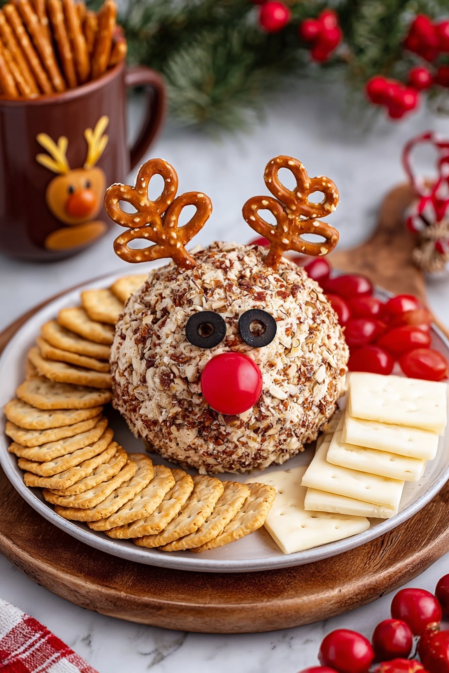 A round ball-shaped cheese covered with chopped nuts sits in the center of a large white plate with a white marbled texture visible at the edges. Two pretzels are stuck into the top back of the cheese ball to look like antlers, both golden brown with salt specks. Two black olives are placed on the front of the cheese ball to form eyes, and a small bright red cherry tomato is placed below the eyes as a nose. The cheese ball is surrounded by a neat circle of two types of crackers: thin round crackers with visible seeds at the front and square crackers at the back. In the blurred background, there is a white bowl filled with black olives and a green Christmas tree decoration with white snowflake patterns. The whole scene has a festive holiday feeling. Photo taken with an iphone --ar 2:3 --v 7 - Festive Reindeer Cheese Ball, Christmas cheese ball appetizer, holiday cheese ball, fun holiday party recipes, easy festive cheese ball