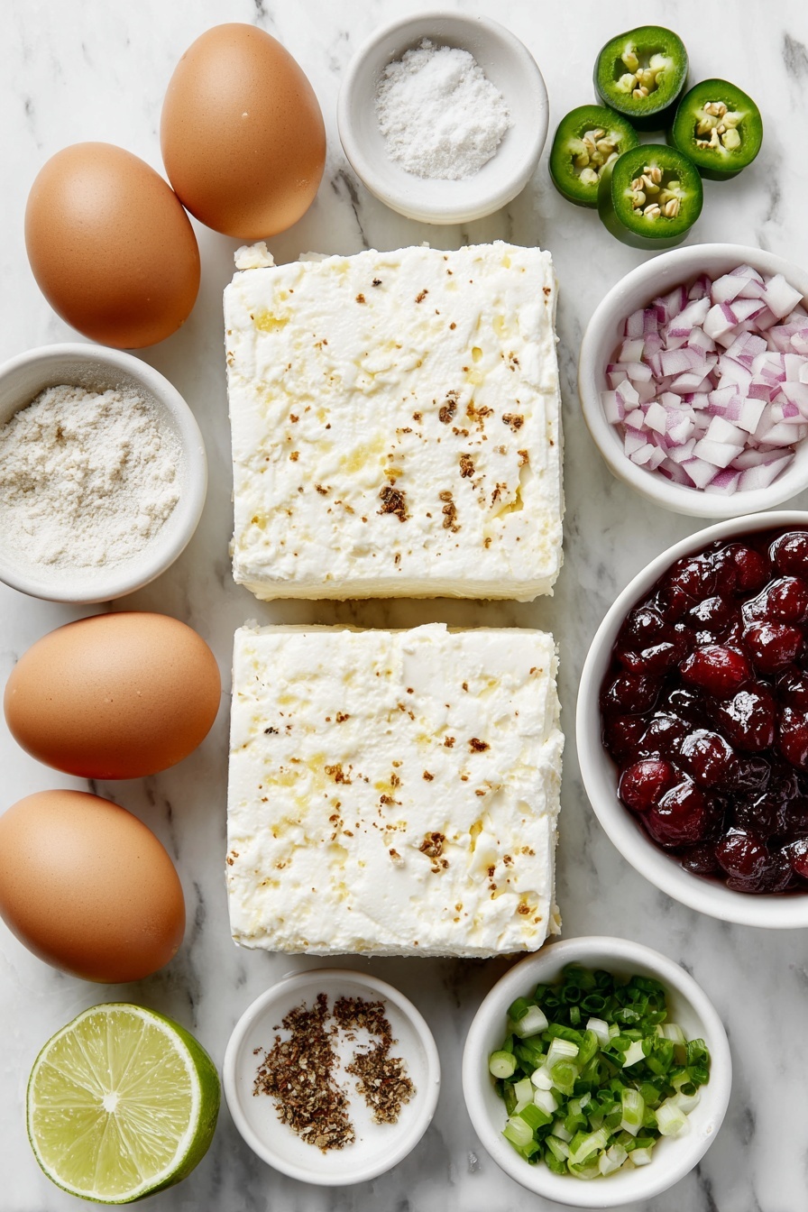 Flat lay of two blocks of fresh creamy white cream cheese, two bright green jalapeños sliced with seeds removed, a small white ceramic bowl of finely diced vibrant red onion, a small white ceramic bowl of fine garlic powder, a whole fresh lime halved showing juicy pulp, a small white ceramic bowl of finely chopped bright green onions, a small white ceramic bowl filled with glossy whole cranberry sauce with plump red berries, and two whole uncracked brown eggs placed symmetrically, all ingredients arranged with perfect balance and symmetry on a clean white marble surface, soft natural light, photo taken with an iPhone, professional food photography style, fresh ingredients, white ceramic bowls, no bottles, no duplicates, no utensils, no packaging --ar 2:3 --v 7 --p m7354615311229779997 - Cranberry Jalapeño Dip, Spicy Cranberry Dip, Holiday Party Dips, Easy Cranberry Dip, Fruit and Spice Appetizer