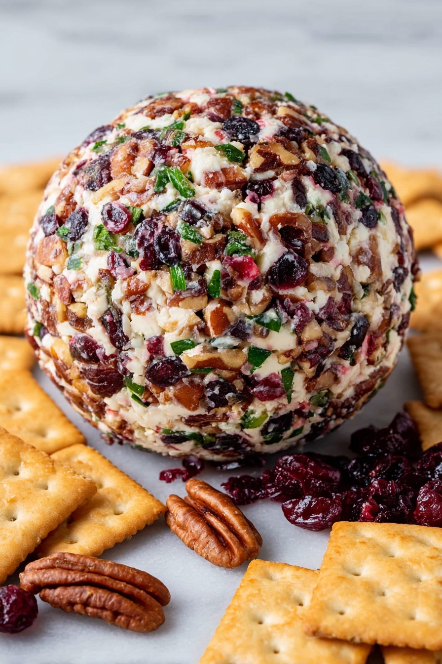 A round cheese ball covered with chopped nuts, dried cranberries, and green herbs, giving it a mix of red, brown, white, and green colors in a textured, chunky outer layer. It sits on a smooth white marbled surface surrounded by square golden crackers and extra pecans and dried cranberries scattered around in front. The cheese ball looks soft inside with colorful bits sticking out all over its surface, creating a rich and inviting look. Photo taken with an iphone --ar 2:3 --v 7 - Cranberry Pecan Cheese Ball, holiday cheese ball appetizer, creamy cheese ball with cranberries, easy festive cheese ball recipe, crowd-pleasing holiday appetizer