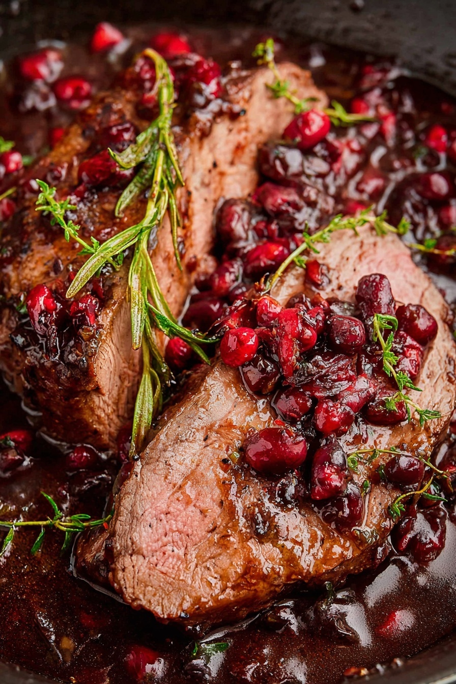 The image shows two thick slices of cooked meat with a pink inside and browned outside, placed close together in a pan filled with a dark brown sauce. The sauce contains small red berries scattered on top and around the meat. Some green sprigs of herbs lie over the meat and sauce, adding detail and color. The meat looks juicy and tender, with a shiny glaze from the sauce covering it. photo taken with an iphone --ar 2:3 --v 7 - Cranberry Balsamic Roast Beef, roast beef with cranberries, balsamic roast beef, holiday roast beef recipe, juicy roast beef with cranberries