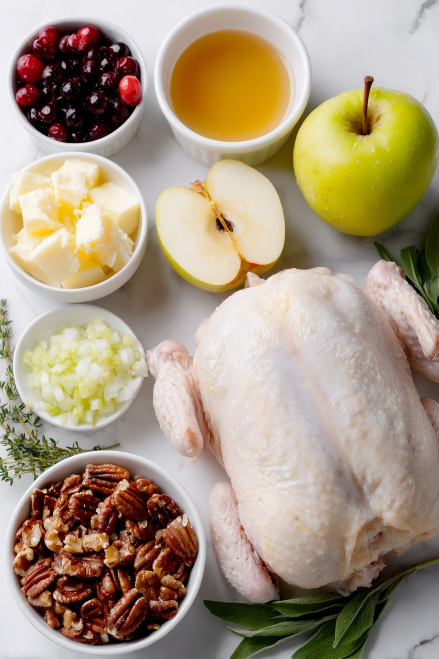 Flat lay of a whole Cornish hen with smooth pale skin, a small pile of long grain and wild cooked rice in a simple white ceramic bowl, a half peeled and diced Fuji apple showing crisp white flesh, a small handful of sweetened dried cranberries, a few sprigs of fresh flat-leaf parsley, a few sprigs of fresh sage, a few sprigs of fresh thyme, a small mound of chopped onion, a small mound of chopped celery, a small pile of coarsely chopped pecans, a small white bowl of melted unsalted butter, a small white bowl with amber maple syrup, a small white bowl with light golden apple cider, a small white bowl holding smooth Dijon mustard, and a small white bowl with ground cinnamon powder, all arranged in perfect symmetry on a clean white marble surface, soft natural light, photo taken with an iPhone, professional food photography style, fresh ingredients, white ceramic bowls, no bottles, no duplicates, no utensils, no packaging --ar 2:3 --v 7 --p m7354615311229779997 - Cornish Hen with Apple Cranberry Stuffing, festive Cornish Hen dinner, easy holiday poultry recipe, juicy Cornish hen with stuffing, apple cranberry stuffing recipe