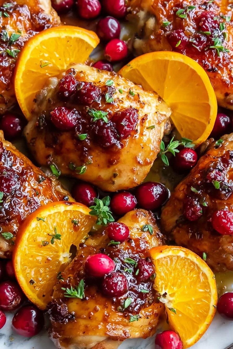 This image shows a close-up of four golden brown cooked chicken pieces arranged closely together. Each piece is glazed with a shiny sauce that has small red berry bits on top. Bright orange slices are tucked between the chicken pieces, adding a fresh look with their juicy texture and vibrant orange color. Whole red cranberries are scattered around the chicken and orange slices, adding pops of deep red. Small green herb leaves are sprinkled over the dish, giving it a fresh touch. The background is a white marbled texture. photo taken with an iphone --ar 2:3 --v 7 - Cranberry Orange Chicken, easiest cranberry chicken recipe, citrus chicken dinner, quick holiday chicken, flavorful chicken with cranberries