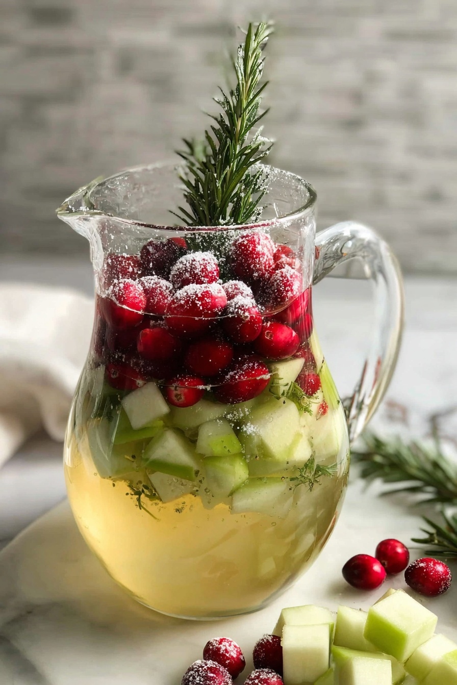 Three tall white wine glasses filled with a light yellow sparkling drink are shown standing on a white marbled surface. Each glass has a thick layer of sugar around the rim. Floating inside the drink are red cranberries, green melon cubes, and a sprig of fresh green rosemary standing upright. Around the base of the glasses on the marbled surface, there are scattered whole cranberries, green melon cubes, and small rosemary sprigs, adding a festive touch. The photo is taken with an iphone --ar 2:3 --v 7 - Festive Cranberry Green Apple Sangria, holiday sangria recipe, Christmas fruit punch, holiday drinks, easy holiday cocktail
