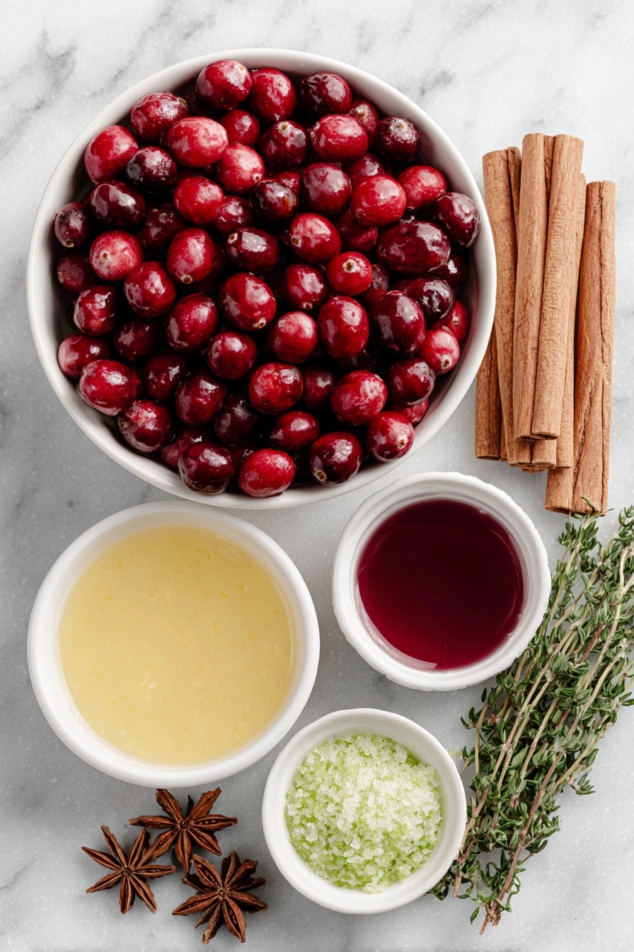 Flat lay of a large simple white ceramic bowl filled with fresh bright red cranberries, a small white bowl with vivid orange orange juice, a small white bowl holding deep red sweetened cranberry juice, a small white bowl of clear golden ginger ale, several whole cinnamon sticks neatly arranged, six whole star anise pods, a few fresh green thyme sprigs, and a small pile of finely grated green lime zest, all ingredients fresh and natural, perfectly balanced and symmetrical arrangement, placed on a clean white marble surface, soft natural light, photo taken with an iPhone, professional food photography style, fresh ingredients, white ceramic bowls, no bottles, no duplicates, no utensils, no packaging --ar 2:3 --v 7 --p m7354615311229779997 - Festive Non-Alcoholic Cranberry Punch, non-alcoholic holiday drinks, easy holiday punch, cranberry orange punch, family-friendly festive drinks