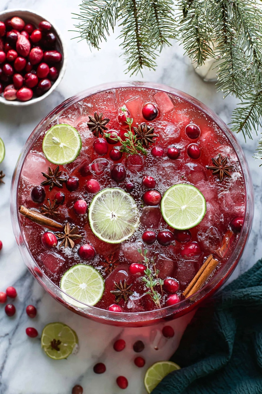 There are five clear, textured glasses filled with pink drink and ice on a white marbled surface. Each glass has a cinnamon stick placed diagonally on top, some with whole cranberries and anise star floating in the drink. One glass has a small green lime wedge resting inside near the rim. The glasses vary in height and style but all show the pink liquid brightly. A white bowl filled with fresh red cranberries is also visible at the bottom right. The scene is well lit with soft daylight. photo taken with an iphone --ar 2:3 --v 7 - Festive Non-Alcoholic Cranberry Punch, non-alcoholic holiday drinks, easy holiday punch, cranberry orange punch, family-friendly festive drinks