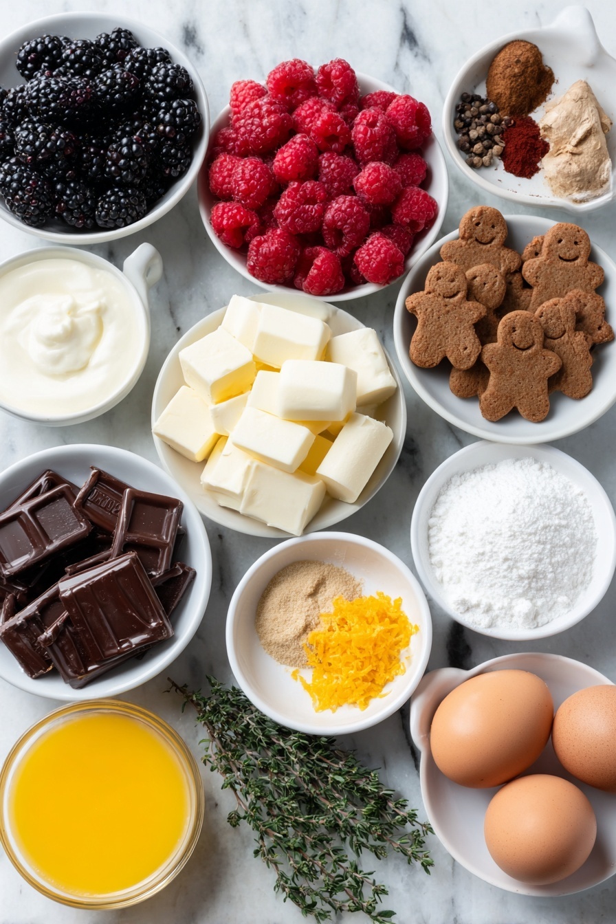Flat lay of fresh blackberries, ripe raspberries, glossy dark cherries, whole Walkers Shortbread Gingerbread Men cookies shaped like little gingerbread men, smooth blocks of white chocolate, a small mound of powdered sugar, a small white bowl of melted golden butter, fresh cream cheese blocks, a small white bowl with vibrant orange juice, bright orange zest curls, a small white bowl of granulated sugar, a small white bowl of red wine, assorted whole spices including cinnamon sticks, whole cardamom pods, fresh nutmeg with a grater, a small white bowl of ground ginger, a pinch of salt in a small white bowl, sprigs of fresh thyme and rosemary, and whole uncracked brown eggs all arranged with perfect symmetry on simple white ceramic bowls and dishes, placed on a clean white marble surface, soft natural light, photo taken with an iPhone, professional food photography style, fresh ingredients, white ceramic bowls, no bottles, no duplicates, no utensils, no packaging --ar 2:3 --v 7 --p m7354615311229779997 - No-Bake White Chocolate Cheesecake with Mulled Fruit, White Chocolate Cheesecake, No-Bake Cheesecake, Mulled Fruit Dessert, Winter Holiday Cheesecake