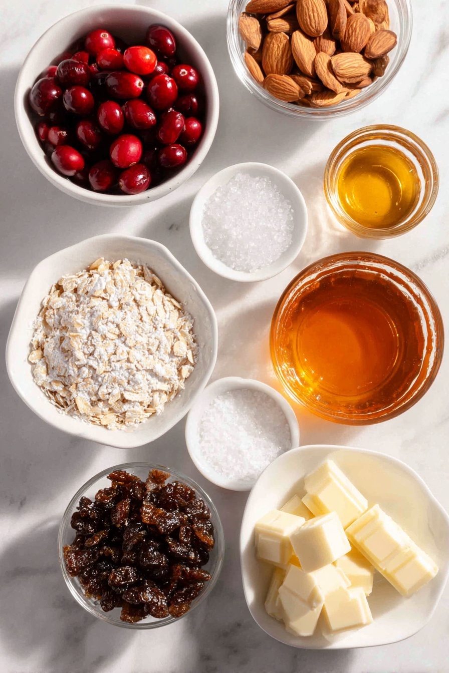 Flat lay of a small white ceramic bowl of gluten-free oats, a small white ceramic bowl of raw whole almonds, a small white ceramic bowl with melted coconut oil, a small white ceramic bowl of amber maple syrup, a handful of fresh whole cranberries, a small white ceramic bowl of clear water, a small white ceramic bowl of agar agar powder, a small white ceramic bowl of smooth coconut milk, a small white ceramic bowl of raw whole cashews, a small white ceramic bowl of melted and cooled vegan white chocolate, a small white ceramic bowl of melted and cooled cacao butter, a small white ceramic bowl of white sea salt crystals, placed on a clean white marble surface, soft natural light, photo taken with an iPhone, professional food photography style, fresh ingredients, white ceramic bowls, no bottles, no duplicates, no utensils, no packaging --ar 2:3 --v 7 --p m7354615311229779997 - Cranberry White Chocolate Tart, Cranberry White Chocolate Tart Recipe, Holiday Cranberry Tart, Elegant Cranberry Dessert, White Chocolate Cranberry Tart