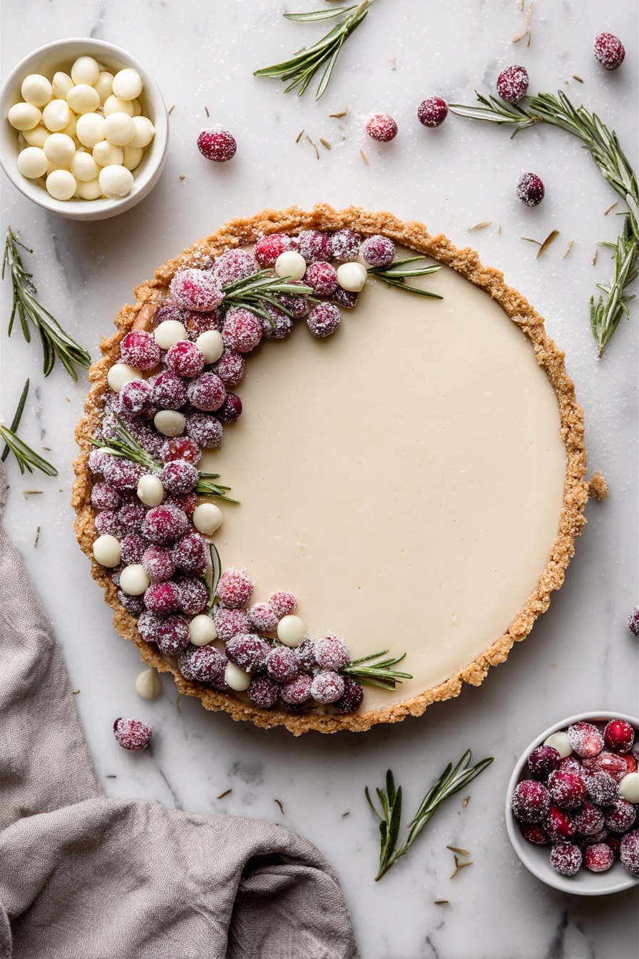 A round tart with a golden, crumbly crust holds a smooth, pale cream filling that covers the entire base. On the top left edge of the tart, there is a decorative ring made of red and purple sugared cranberries, bright green rosemary sprigs, and small white chocolate drops, all arranged in an alternating pattern. More white chocolate drops and rosemary sprigs are scattered around the tart on a white marbled surface, along with two small white bowls filled with white chocolate drops and sugared cranberries. A soft gray cloth is casually placed toward the bottom left corner. The photo taken with an iphone --ar 2:3 --v 7 - Cranberry White Chocolate Tart, Cranberry White Chocolate Tart Recipe, Holiday Cranberry Tart, Elegant Cranberry Dessert, White Chocolate Cranberry Tart