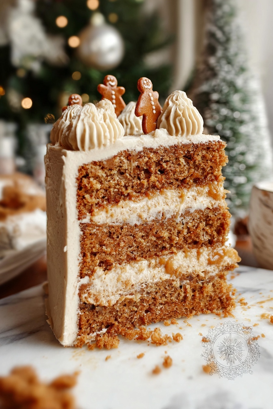 A tall, three-layer gingerbread cake with light brown sponge layers separated by two layers of cream and golden caramel filling, all covered in a thick layer of creamy, off-white frosting. The top edge of the cake is decorated with small swirls of cream and tiny gingerbread men standing upright, adding a festive touch. The cake sits on a white marbled surface, with a blurred Christmas tree and seasonal decorations in the soft background. Crumbs scatter slightly at the base, showing the moist texture inside. photo taken with an iphone --ar 2:3 --v 7 - Vegan Gingerbread Cake, Vegan Gingerbread Cake recipe, plant-based gingerbread cake, dairy-free gingerbread dessert, holiday vegan dessert