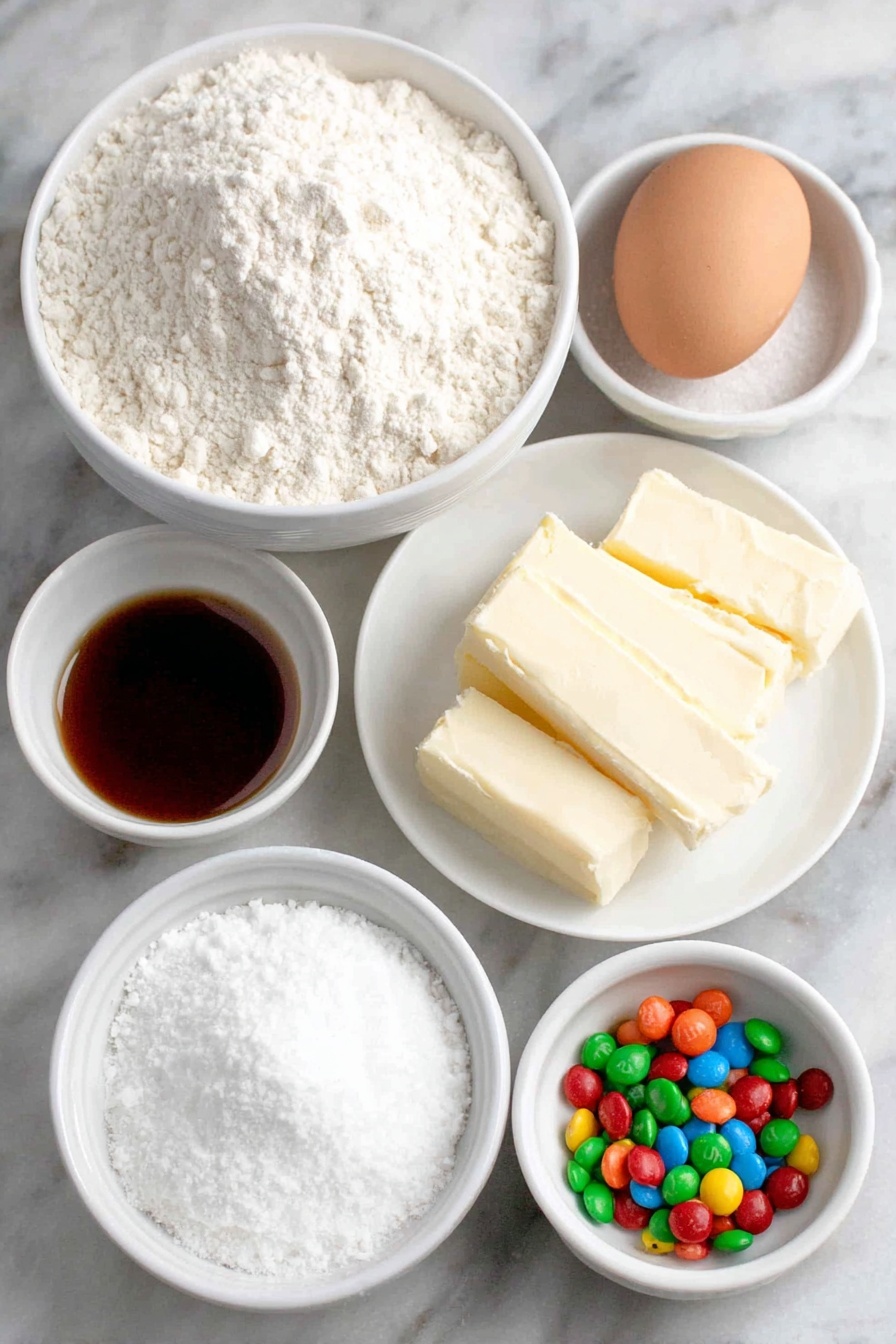 Flat lay of a small mound of all-purpose flour in a simple white ceramic bowl, a teaspoon of baking powder in a small white bowl, a pinch of salt in another small white bowl, two sticks of unsalted butter with a pale yellow creamy texture on a white plate, a white ceramic bowl filled with granulated sugar sparkling like tiny crystals, one large whole egg with a smooth light brown shell, a small white bowl holding clear vanilla extract, a few broken pieces of assorted colorful hard candies (red, green, yellow, and orange) unwrapped and crushed, and a small white bowl containing fine powdered sugar dust, all arranged with perfect symmetry and balanced proportions placed on a clean white marble surface, soft natural light, photo taken with an iPhone, professional food photography style, fresh ingredients, white ceramic bowls, no bottles, no duplicates, no utensils, no packaging --ar 2:3 --v 7 --p m7354615311229779997 - Stained Glass Cookie, colorful holiday cookies, festive cookie recipes, easy Christmas cookies, candy-filled cookie ideas