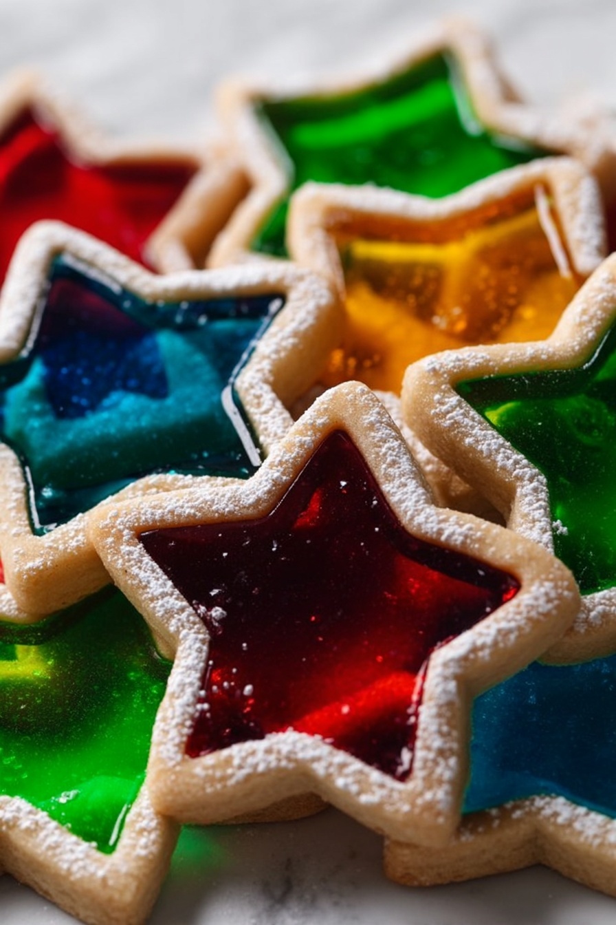 The image shows a pile of star-shaped cookies on a white marbled surface. Each cookie has two layers: a bottom thicker cookie crust layer with a pale golden color and a top smaller star-shaped cutout filled with shiny, colorful translucent candy in red, blue, green, and yellow colors. The edges of the cookies are dusted lightly with white powdered sugar, adding a soft texture contrast against the smooth candy centers. The cookies are stacked closely, creating a colorful arrangement with some overlapping stars. photo taken with an iphone --ar 2:3 --v 7 - Stained Glass Cookie, colorful holiday cookies, festive cookie recipes, easy Christmas cookies, candy-filled cookie ideas
