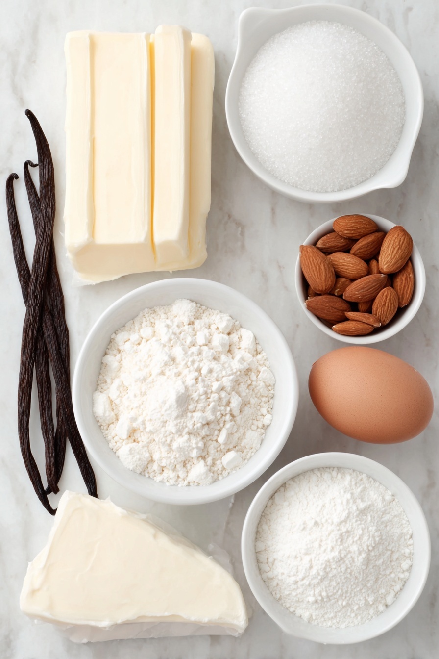 Flat lay of a small pile of unsalted butter sticks with smooth creamy texture, a wedge of fresh cream cheese with a soft white interior, a small mound of granulated white sugar, a single large brown egg with a clean uncracked shell, a few vanilla beans arranged naturally, a few whole almonds scattered to suggest almond extract, a neat heap of all-purpose flour with fine powdery texture, a small pile of white cornstarch powder, a pinch of fine salt crystals, a small mound of white baking powder, a small white ceramic bowl filled with powdered sugar, a small white ceramic bowl with white meringue powder, a small white ceramic bowl containing clear water, a single smooth vanilla bean pod beside a small white ceramic bowl of additional water, several small white ceramic bowls each with a different vivid shade of green gel food coloring, placed on a clean white marble surface, soft natural light, photo taken with an iPhone, professional food photography style, fresh ingredients, white ceramic bowls, no bottles, no duplicates, no utensils, no packaging --ar 2:3 --v 7 --p m7354615311229779997 - Marbled Sugar Cookies with Royal Icing, marbled sugar cookies, royal icing decorated cookies, easy cookie decorating ideas, beautiful sugar cookies