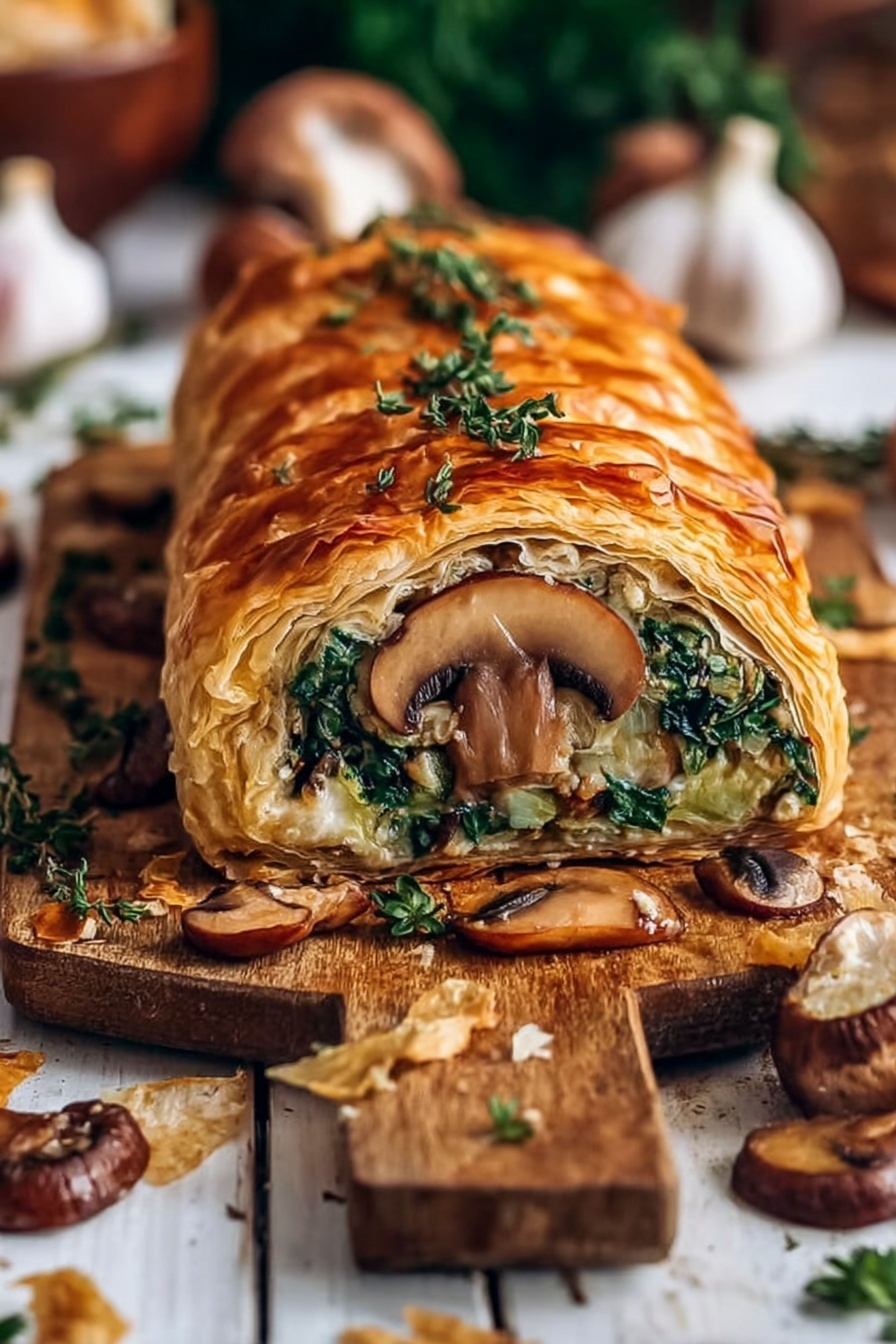 The image shows a sliced pastry loaf with golden brown, flaky layers on the outside. Inside, the layers include green leafy vegetables and beige mushrooms, with a large mushroom slice visible in the center. The pastry is sitting on a wooden board with scattered mushrooms, herbs, and small pieces of the pastry crust around it. The background has blurred garlic bulbs and other kitchen items, all set on a white marbled surface. The focus is on the front slice and the texture of the pastry and filling. Photo taken with an iphone --ar 2:3 --v 7 - Vegan Mushroom Wellington, plant-based mushroom Wellington, vegan savory Wellington, hearty vegan Wellington recipe, mushroom and vegan puff pastry dish