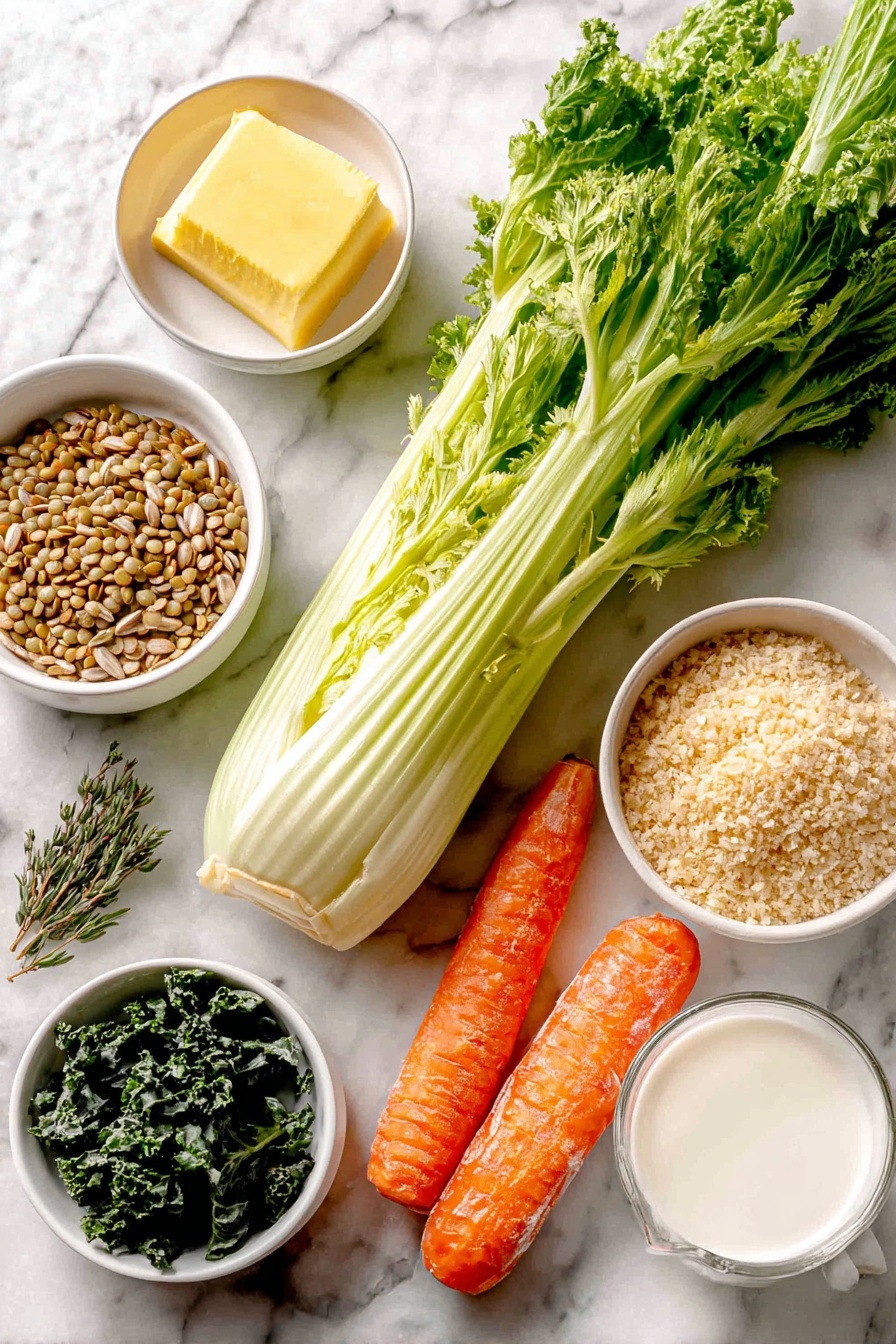 Flat lay of a single frozen sheet of puff pastry, a large peeled and chopped bright orange carrot, a large celery stalk chopped into fresh green pieces, a small white ceramic bowl of golden vegan butter, a small white bowl filled with dry green lentils, a small white bowl of clear water, a few dried fresh herbs including sage and thyme sprigs, a small white bowl with coarsely chopped roasted unsalted sunflower seeds, loosely packed chopped dark green kale leaves, a small white bowl of light tan panko breadcrumbs, a small white bowl of creamy off-white non-dairy milk, all arranged with perfect symmetry on a clean white marble surface, soft natural light, photo taken with an iPhone, professional food photography style, fresh ingredients, white ceramic bowls, no bottles, no duplicates, no utensils, no packaging --ar 2:3 --v 7 --p m7354615311229779997 - Vegan Lentil Wellington, plant-based Wellington, vegan holiday main dish, vegan puff pastry recipe, hearty vegan dinner