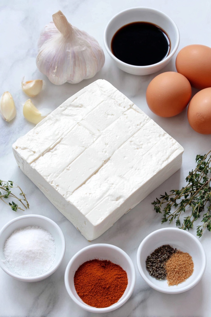 Flat lay of a whole block of extra firm tofu with neat crosshatch cuts, a few whole garlic cloves, half a small fresh yellow onion, a small white bowl of dark gluten-free soy sauce, a small white bowl of golden maple syrup, a small white bowl of bright red chili garlic sauce, a small white bowl of brown mustard, a small white bowl of loose brown sugar, a small white bowl with dried thyme leaves, three whole uncracked brown eggs, scattered whole cloves, and a small white bowl of orange smoked paprika, placed on a clean white marble surface, soft natural light, photo taken with an iPhone, professional food photography style, fresh ingredients, white ceramic bowls, no bottles, no duplicates, no utensils, no packaging --ar 2:3 --v 7 --p m7354615311229779997 - Brown Sugar Glazed Tofu, Brown Sugar Glazed Tofu Recipe, Vegan Tofu Glaze, Sweet Savory Tofu Dish, Easy Tofu Recipes
