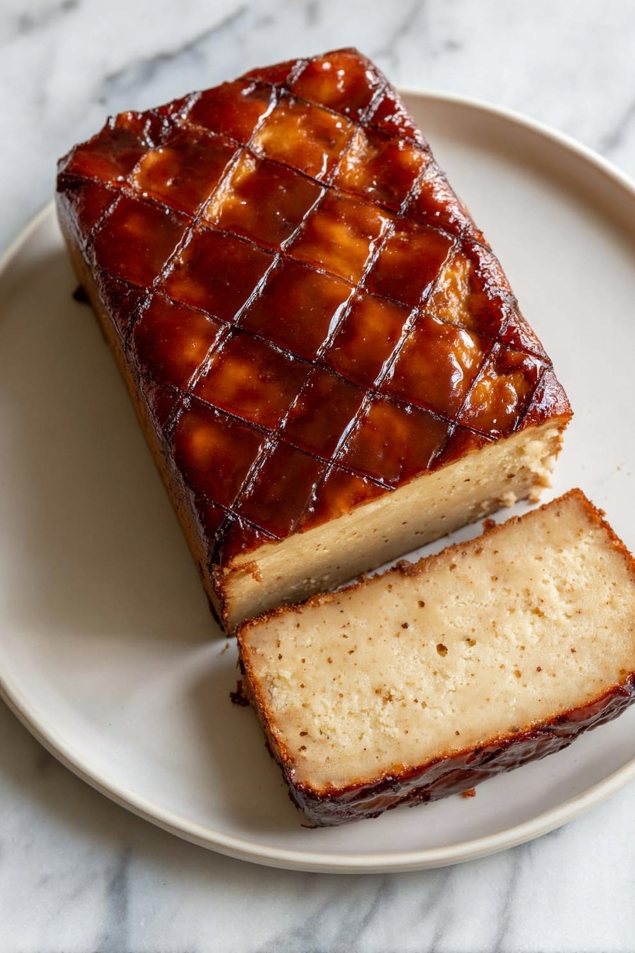 A rectangular loaf with two visible layers placed on a white plate on a white marbled surface; the top layer is a shiny, dark brown glaze with a crisscross pattern of shallow grooves, while the bottom layer has a creamy beige color with a slightly rough texture and some darker edges. One slice is cut from the loaf, showing the boundary between the glossy top and matte bottom layers. Photo taken with an iphone --ar 2:3 --v 7 - Brown Sugar Glazed Tofu, Brown Sugar Glazed Tofu Recipe, Vegan Tofu Glaze, Sweet Savory Tofu Dish, Easy Tofu Recipes
