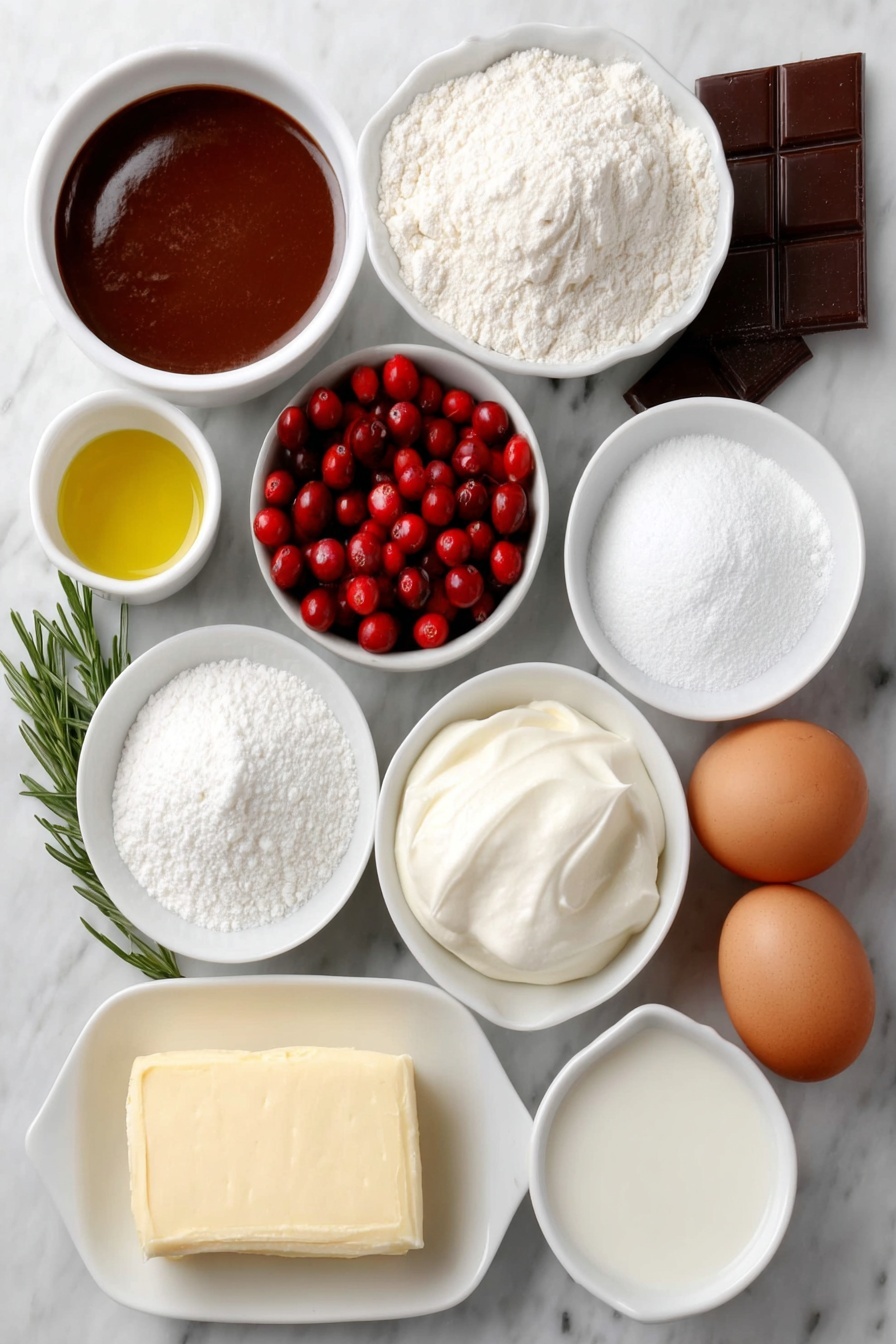 Flat lay of a small white ceramic bowl of glossy aquafaba, a small white ceramic bowl of fine caster sugar, a small white ceramic bowl of plain all-purpose flour, a small white ceramic bowl of rich cocoa powder, a small white ceramic bowl with baking powder and a pinch of salt, a small white ceramic bowl of smooth applesauce, a small white ceramic bowl of golden olive oil, a small white ceramic bowl of creamy unsweetened soy milk, a small white ceramic bowl of vanilla extract, two whole uncracked brown eggs, a block of vegan butter on a white ceramic plate, a small white ceramic bowl of powdered icing sugar, a small white ceramic bowl of finely chopped dark chocolate, a small white ceramic bowl of vegan double cream, a few fresh sprigs of green rosemary, and a small white ceramic bowl of bright red cranberries placed on a clean white marble surface, soft natural light, photo taken with an iPhone, professional food photography style, fresh ingredients, white ceramic bowls, no bottles, no duplicates, no utensils, no packaging --ar 2:3 --v 7 --p m7354615311229779997 - Vegan Chocolate Yule Log, vegan holiday desserts, plant-based chocolate cake, gluten-free vegan Yule log, dairy-free Christmas dessert