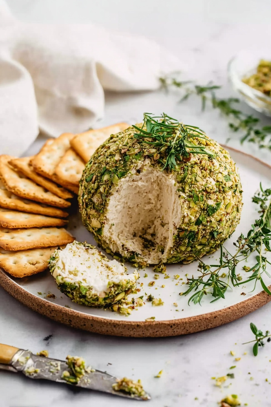 A round cheese ball covered in green crushed nuts and small green herb leaves sits in the center of a white plate with a brown edge, resting on a white marbled surface. The cheese ball is partially sliced open, showing a smooth, creamy white inside layer. Around the plate and cheese ball, there are sprigs of fresh green herbs and some crushed nut crumbs scattered on the surface. To the left, there are five square, golden-brown crackers lined up, with one cracker next to the plate holding a spread knife topped with soft white cheese mixed with bits of green herbs. The scene is light and bright, with a soft white cloth blurred in the background. Photo taken with an iphone --ar 2:3 --v 7 - Vegan Herb Cheese Ball, vegan party appetizers, plant-based cheese ball, vegetarian cheese ball recipe, dairy-free cheese appetizer