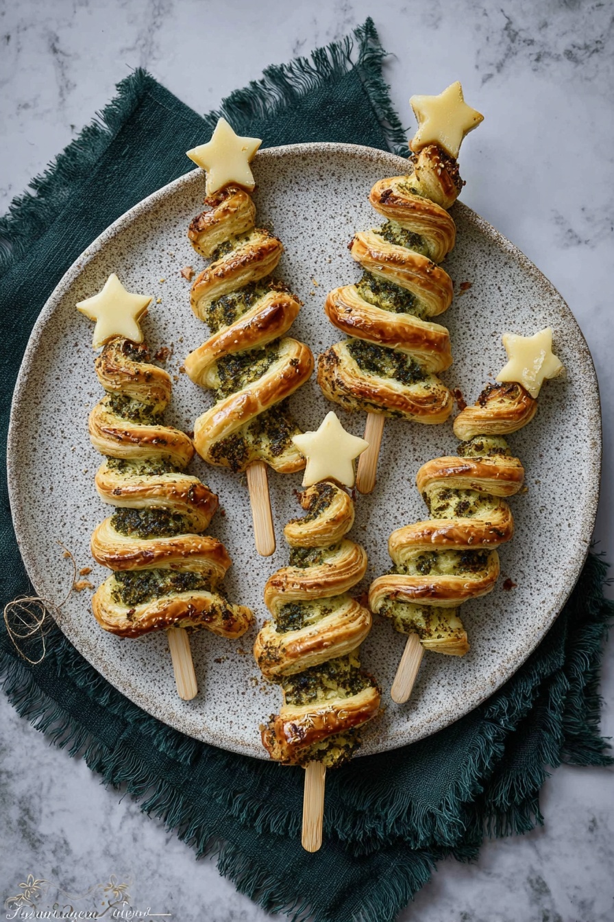 Two puff pastry sticks shaped like Christmas trees with a wavy, layered look and topped with small white star shapes on wooden skewers are placed inside a rustic bronze pitcher. The pastry layers are golden brown with green herb seasoning sprinkled on them. In the background, there is a white marbled texture surface with a white cloth and a dark tray holding more pastry trees blurred out. photo taken with an iphone --ar 2:3 --v 7 - Pesto Puff Pastry Christmas Trees, festive appetizer recipes, holiday appetizer ideas, easy holiday appetizers, Christmas party finger foods