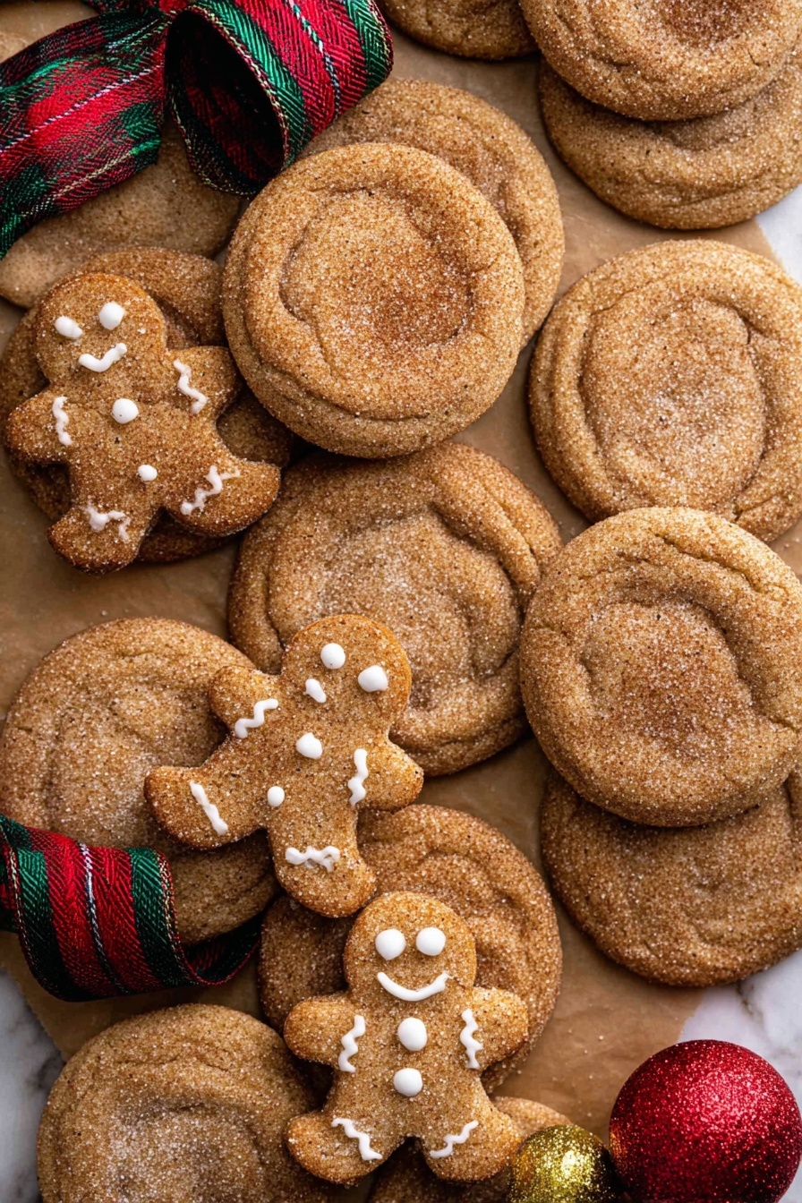 A stack of four round cinnamon cookies with a rough, slightly cracked surface covered in sugar crystals stands in the center of the image. The top cookie has a bite showing a soft, white creamy filling inside. Around the stack, there are more cookies with the same warm brown color and sugared texture. A green, red, and gold plaid ribbon runs diagonally across the bottom right corner, adding a festive touch. The background has a white marbled texture. Photo taken with an iphone --ar 2:3 --v 7 - Gingerbread Cheesecake Cookies, holiday spice cookies, festive cheesecake cookies, easy gingerbread cookies, Christmas treat recipes
