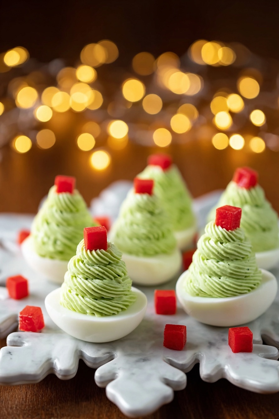 The image shows five white egg halves arranged on a white plate with a white marbled surface underneath. Each egg half is filled with a smooth, light green creamy swirl that forms a tall, textured peak rising from the egg white base. On top of each green swirl, small bright red diced pieces are scattered, adding a pop of color and contrast. A woman's hand is gently placing the red dices on one of the green peaks, adding a final touch. The overall look is clean, fresh, and colorful, with a focus on the layered textures of the white egg, green swirl, and red topping. photo taken with an iphone --ar 2:3 --v 7 - Christmas Tree Deviled Eggs, festive deviled eggs, holiday appetizer ideas, Christmas party snacks, easy holiday recipes