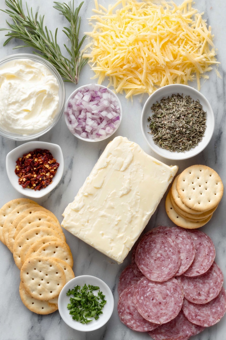 Flat lay of a block of fresh cream cheese, a small white bowl of sour cream, a small white bowl with mixed dried Italian herbs including thyme, oregano, basil, and rosemary, a small white bowl of garlic powder, a small white bowl of salt, a small white bowl of red pepper flakes, a pile of freshly grated cheddar cheese strands, a small heap of finely chopped roasted red peppers, finely chopped hot salami slices, a small mound of chopped green olives, thinly sliced green onion stalks, a small white bowl holding sun dried tomato strips with oil, a small heap of chopped fresh parsley, fresh rosemary sprigs arranged for decoration, and a neat stack of round Jatz-style crackers, all placed on a clean white marble surface, soft natural light, photo taken with an iPhone, professional food photography style, fresh ingredients, white ceramic bowls, no bottles, no duplicates, no utensils, no packaging --ar 2:3 --v 7 --p m7354615311229779997 - Italian Cheese Loaf Appetizer, Italian Cheese Loaf, cheese loaf appetizer, savory Italian cheese snack, party cheese appetizer