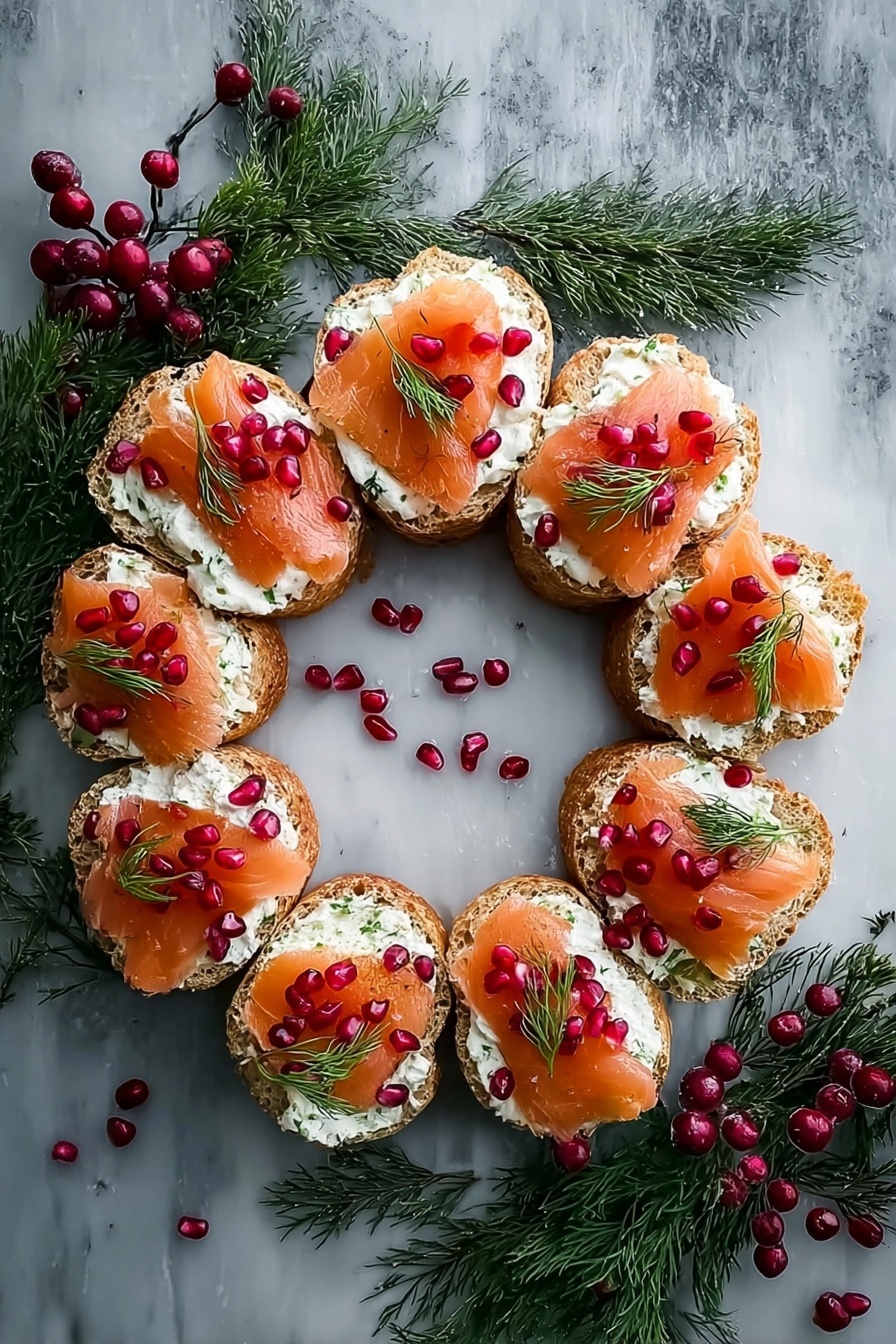 A round wreath made of 12 pieces of white bread arranged in a circle, each topped with a creamy white spread, a pinkish-orange slice of smoked salmon folded soft, small red pomegranate seeds scattered on top, and a small green dill sprig placed beside the salmon. The wreath sits on a white marbled surface with some scattered green pine sprigs and red berries around it, creating a festive look. photo taken with an iphone --ar 2:3 --v 7 - Smoked Salmon Bruschetta Wreath, smoked salmon appetizer, holiday appetizer ideas, festive bruschetta recipe, easy party finger food