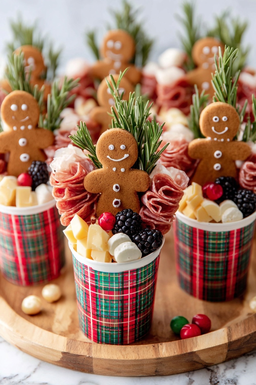 A woman's hand holds a small checked paper cone with red, green, and white stripes. Inside the cone, from front to back, there are two light brown gingerbread men cookies with smiling faces. Behind the cookies is a sprig of green rosemary. To the left of the rosemary, thinly folded slices of reddish-pink salami are stacked vertically on a stick. To the right of the rosemary, there is a small round piece of white cheese with a soft texture and next to it a chunky wedge of pale yellow cheese. In front of the cheese wedge, there are a raspberry and a blackberry with a deep purple color. The background is a white marbled surface, and more cones with similar contents are softly blurred in the background. Photo taken with an iphone --ar 2:3 --v 7 - Festive Charcuterie Cups with Salami and Brie, Holiday appetizer, Easy Christmas party snacks, Festive appetizer ideas, Salami and Brie appetizer