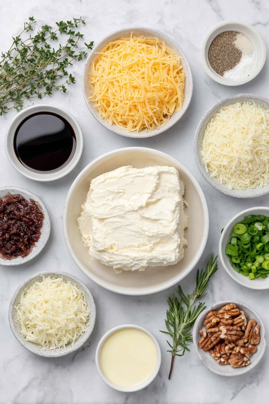 Flat lay of a block of cream cheese softened and creamy, a small white bowl of smooth mayonnaise, a small white bowl filled with bright orange shredded sharp cheddar cheese, a small white bowl of fine ranch seasoning powder, a small white bowl of pale lemon juice, a small white bowl of dark Worcestershire sauce, a small white bowl of finely ground black pepper, a small white bowl of onion powder, a small white bowl of garlic salt, a small white bowl of finely chopped fresh chives, a small white bowl of shredded white sharp cheddar cheese, a small white bowl of chopped dried cranberries, a small white bowl of chopped pecans, a small white bowl of sliced fresh green onions, a small white bowl of finely chopped fresh parsley, fresh sprigs of rosemary, fresh sprigs of thyme, fresh mint leaves, and fresh parsley leaves, all arranged symmetrically on a clean white ceramic plates and small bowls, placed on a clean white marble surface, soft natural light, photo taken with an iPhone, professional food photography style, fresh ingredients, white ceramic bowls, no bottles, no duplicates, no utensils, no packaging --ar 2:3 --v 7 --p m7354615311229779997 - Cheese Ball Wreath, festive appetizer, holiday cheese ball, cheese ball ideas, party appetizer recipes