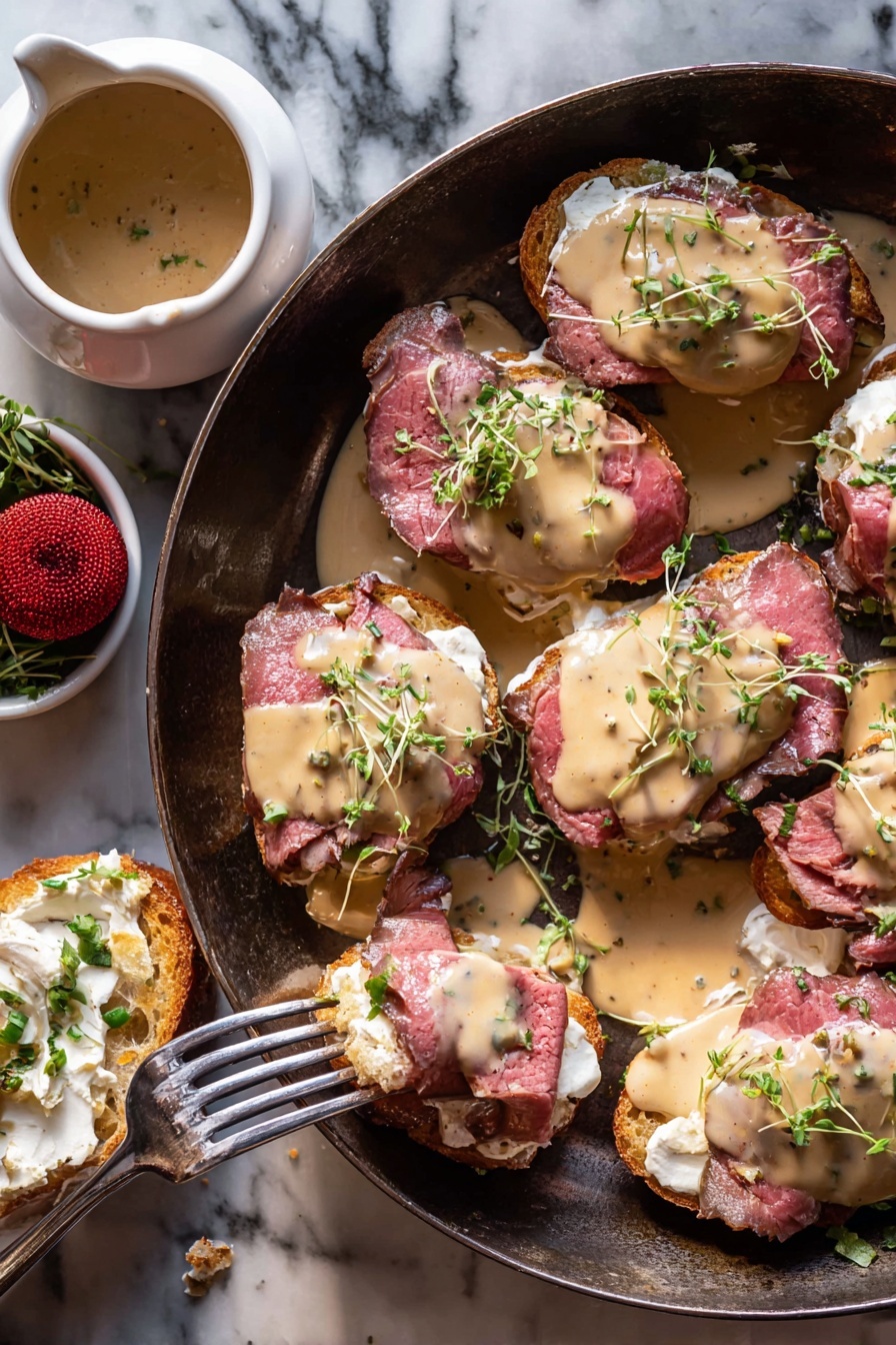 Several small sandwiches are arranged on a round metal pan with a dark handle, set on a white marbled surface. Each sandwich has three layers: a base of golden toasted bread, a middle layer of creamy white spread, and a thick slice of medium-rare cooked meat with a pink center and brown edges. On top, a light brown creamy sauce is drizzled unevenly, garnished with small green herb leaves. To the side, there is a small white bowl filled with coarse salt, a red shiny Christmas ornament, and more green herbs. The lighting is warm and natural, highlighting the textures of the meat and sauce. Photo taken with an iphone --ar 2:3 --v 7 - Beef Tenderloin Crostini with Parmesan Wine Sauce, elegant beef appetizer, holiday appetizer recipes, easy party hors d'oeuvres, gourmet crostini ideas