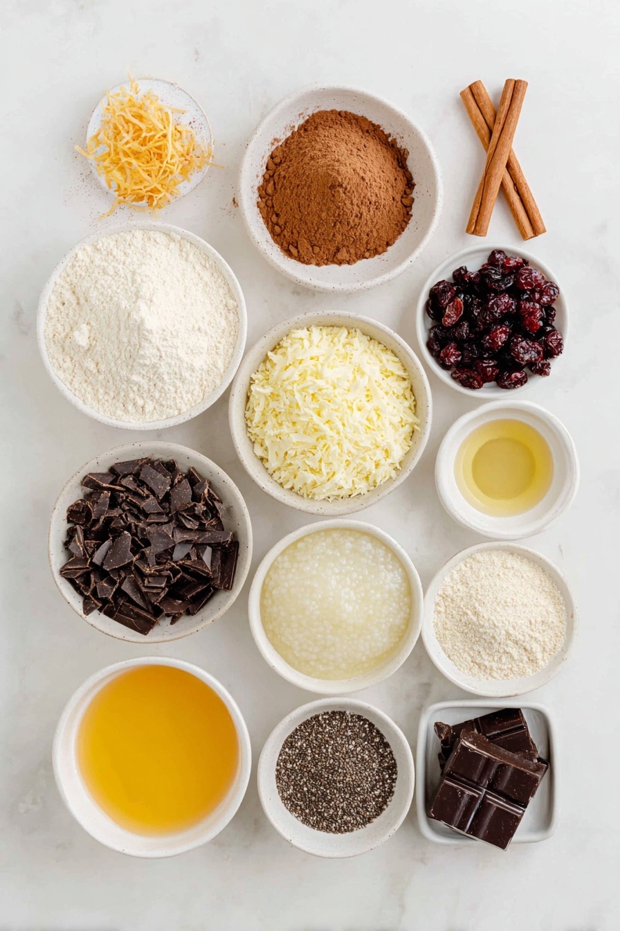 Flat lay of a small mound of brown rice flour, a small mound of quinoa flour, a small pile of arrowroot powder, a heap of cacao powder, a pinch of sea salt crystals, a few whole brown flax eggs, a small white ceramic bowl with amber maple syrup, a small white ceramic bowl with golden olive oil, a small white ceramic bowl with translucent aquafaba, a small white ceramic bowl with clear apple cider vinegar, a small white ceramic bowl with pale vanilla extract, a small white ceramic bowl with creamy rice milk, a small white ceramic bowl of fresh cranberries with a few orange zest strips, a small white ceramic bowl of orange juice, a small cinnamon stick, a small white ceramic bowl of chia seeds, a small white ceramic bowl with finely chopped dark vegan chocolate, a few fresh cranberries scattered around, all ingredients arranged in perfect symmetry with realistic proportions, placed on a clean white marble surface, soft natural light, photo taken with an iPhone, professional food photography style, fresh ingredients, white ceramic bowls, no bottles, no duplicates, no utensils, no packaging --ar 2:3 --v 7 --p m7354615311229779997 - Vegan Cranberry Chocolate Mini Cakes, vegan holiday desserts, gluten-free mini cakes, festive vegan cake recipes, cranberry chocolate treats