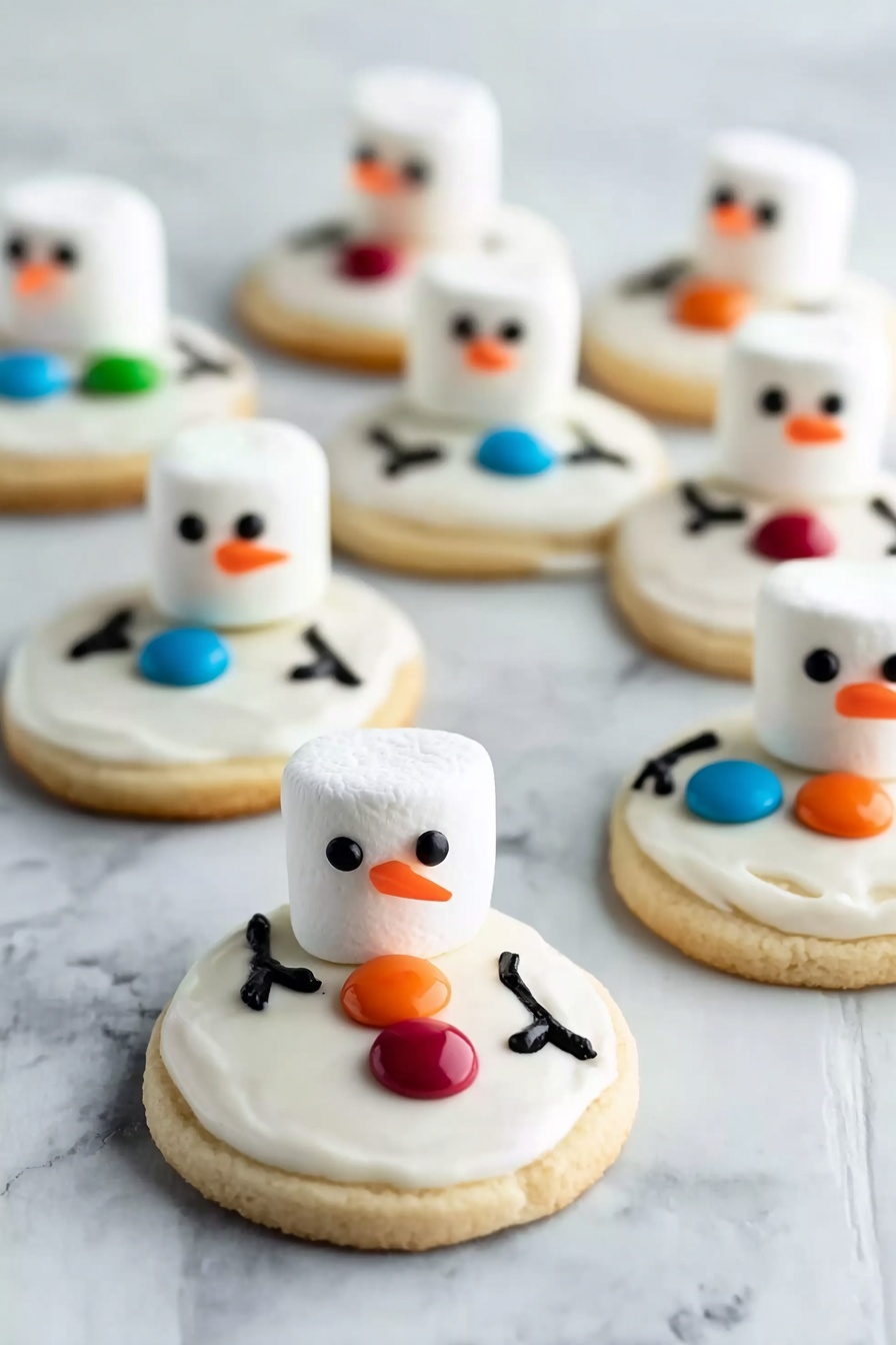 The image shows several round sugar cookies decorated like snowmen, placed on a white marbled surface. Each cookie has one layer of smooth white icing covering the top. On top of that icing, a white marshmallow is placed vertically as the snowman’s head. Two small black dots form the eyes on each marshmallow, and a tiny orange tip represents the nose. The snowmen have two large colorful candy buttons on their bodies, with colors including red, orange, blue, and green. Simple black lines drawn with icing create stick-like arms on each side of the body. The cookies are scattered in a soft-focus arrangement, with some closer to the camera and others blurred further back, creating a cozy winter feeling. Photo taken with an iphone --ar 2:3 --v 7 - Melted Snowman Cookies, Christmas Cookie Ideas, Holiday Treat Recipes, Cute Snowman Cookies, Winter Dessert Recipes
