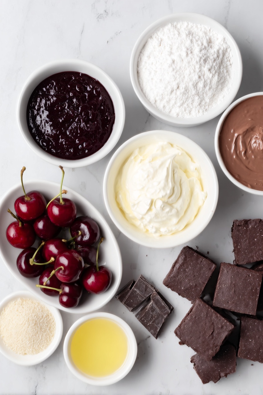 Flat lay of a square of rich chocolate sheet cake cut into cubes, a small pile of glossy fresh red cherries with stems, two small white ceramic bowls—one filled with dark red cherry pie filling and another with smooth chocolate pudding, a small white bowl holding fluffy whipped cream, a few delicate pieces of shaved dark chocolate arranged neatly on the side, a small white bowl with fine powdered sugar, and a small white bowl with golden cherry liqueur—all ingredients fresh and natural, arranged with perfect symmetry on a clean white marble surface, soft natural light, photo taken with an iPhone, professional food photography style, fresh ingredients, white ceramic bowls, no bottles, no duplicates, no utensils, no packaging --ar 2:3 --v 7 --p m7354615311229779997 - Black Forest Cherry Trifle, Black Forest dessert, Cherry trifle recipe, Chocolate and cherry dessert, Easy trifle for parties