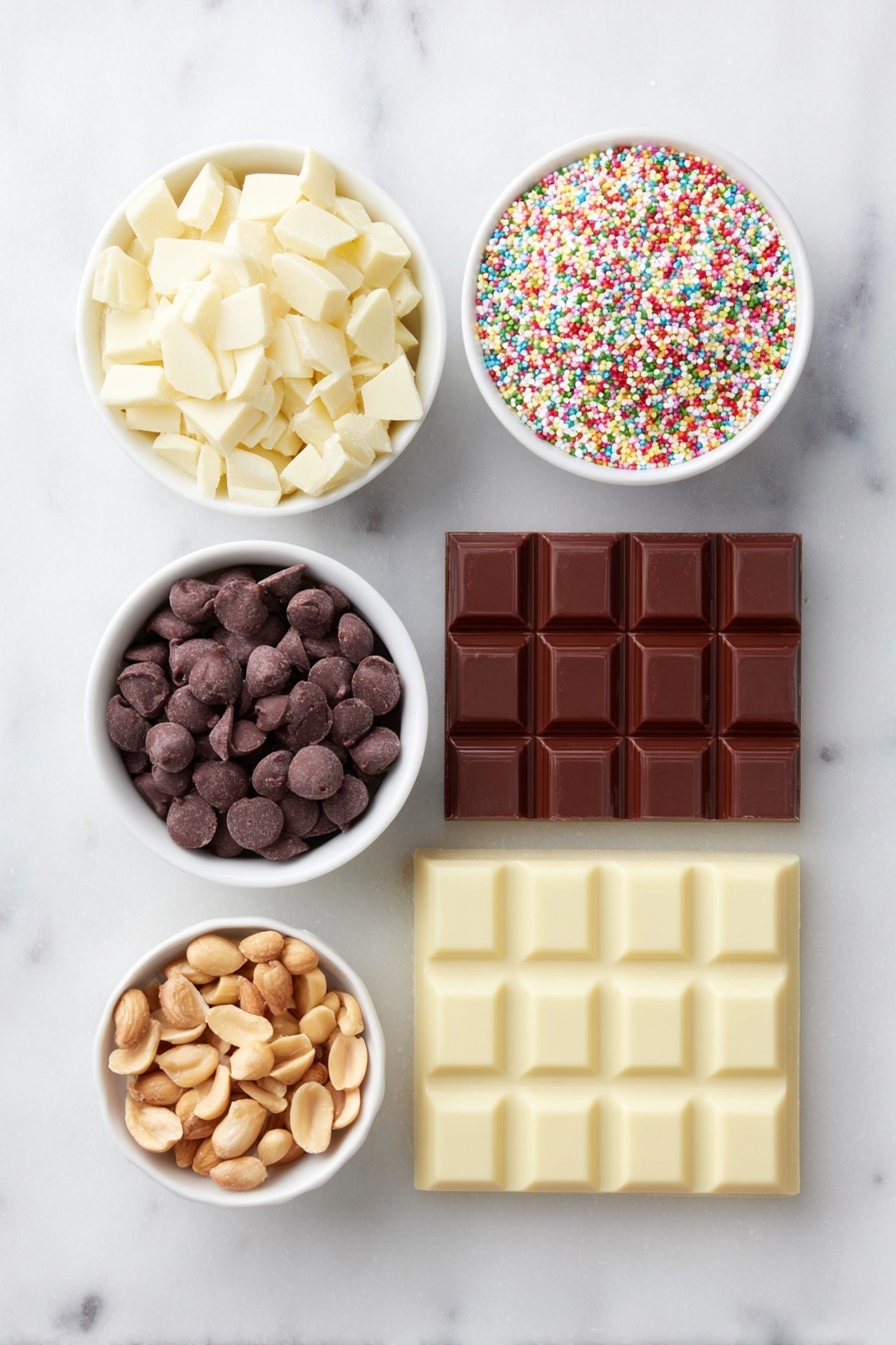 Flat lay of a small pile of broken white almond bark squares, a handful of glossy dark semisweet chocolate chips, chunks of German sweet chocolate bar, a small mound of dry roasted peanuts, and a small white ceramic bowl filled with colorful holiday sprinkles, all arranged symmetrically with perfect proportions on a clean white marble surface, soft natural light, photo taken with an iPhone, professional food photography style, fresh ingredients, white ceramic bowls, no bottles, no duplicates, no utensils, no packaging --ar 2:3 --v 7 --p m7354615311229779997 - Easy Christmas Crockpot Candy, holiday crockpot candy, festive holiday treats, no-fuss Christmas candies, homemade holiday sweets