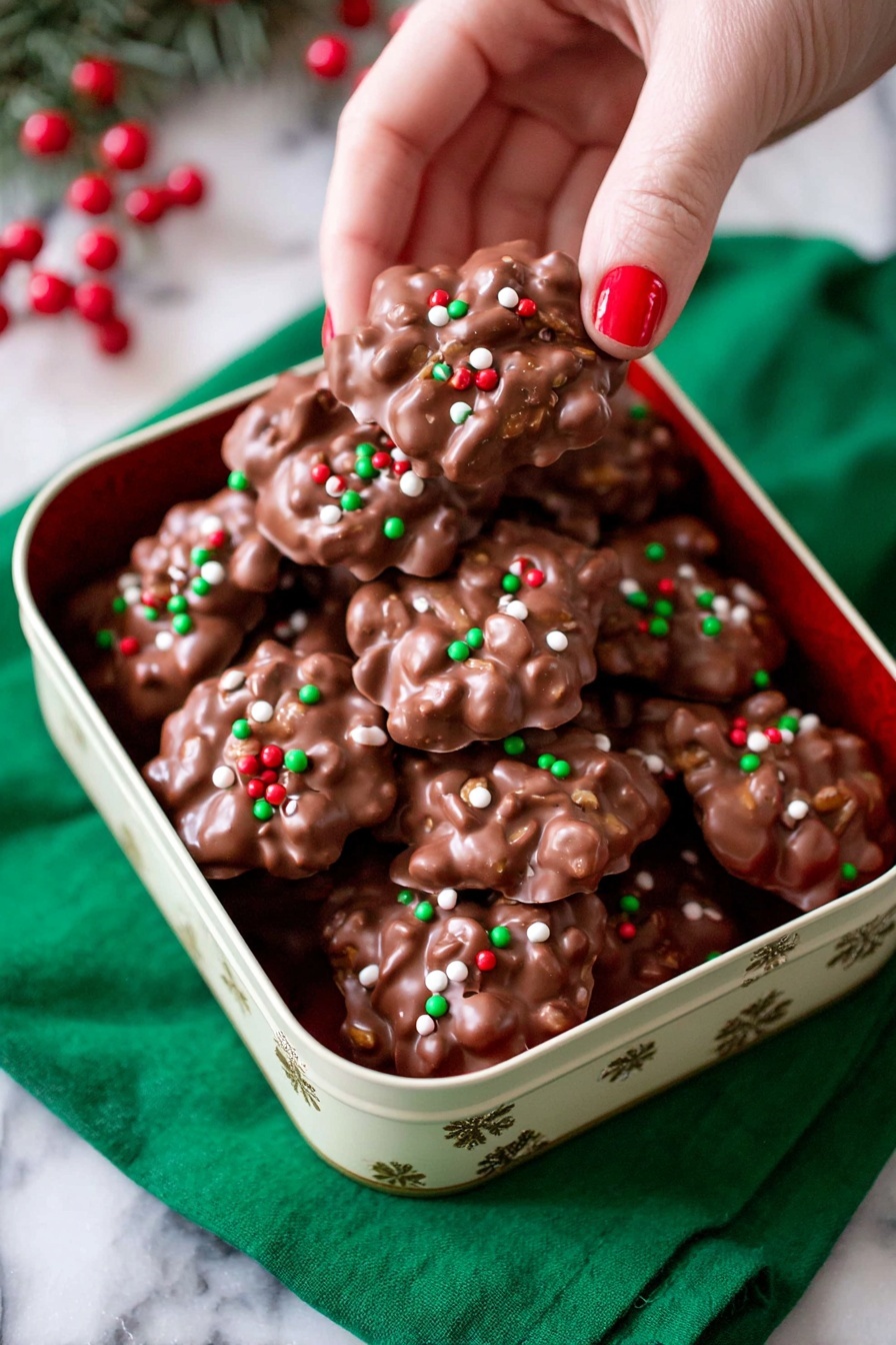 The image shows a white tin box filled with chocolate clusters, each cluster made of milk chocolate with small red, green, and white round sprinkles scattered on top. The clusters have a rough texture with irregular shapes, showing lumps beneath the chocolate coating that suggest nuts or cereal inside. A woman's hand with red nail polish is holding one of the clusters from the top right side of the box. The box sits on a green cloth and the background is a white marbled surface. Photo taken with an iphone --ar 2:3 --v 7 - Easy Christmas Crockpot Candy, holiday crockpot candy, festive holiday treats, no-fuss Christmas candies, homemade holiday sweets
