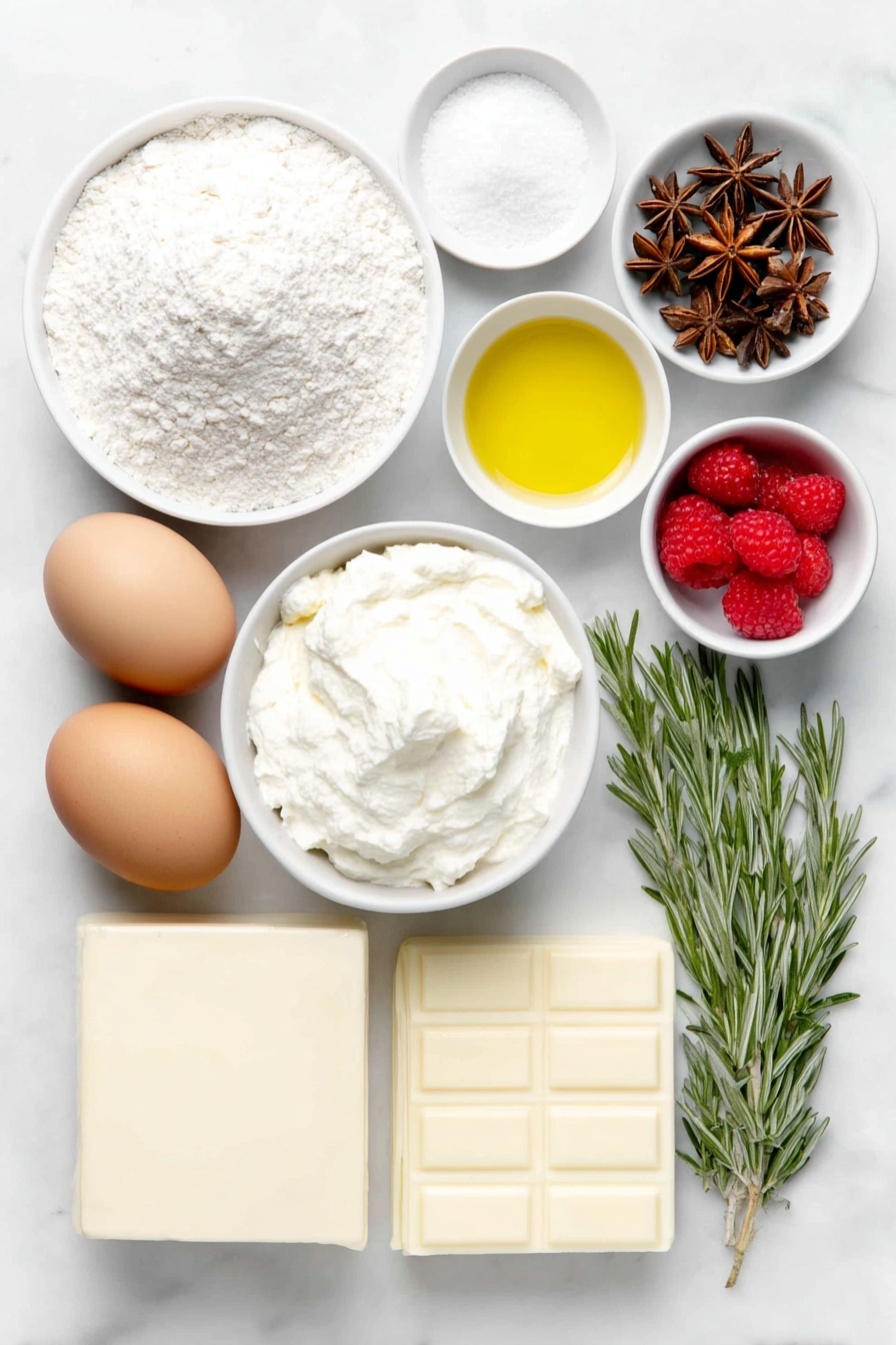Flat lay of a small mound of fine all-purpose flour, a teaspoon of baking powder and a pinch of salt neatly arranged side by side; four whole uncracked brown eggs; a small pile of white granulated sugar; a small white bowl filled with clear golden vegetable oil; a tiny white bowl of pure vanilla extract; fresh bright red raspberries scattered loosely; a small white bowl of lemon juice with a pale yellow tint; a smooth block of creamy white cream cheese; a small heap of powdered sugar; a small white bowl of chilled whipping cream, thick and white; a slab of glossy white chocolate; a few sprigs of fresh green rosemary; several star anise pods; a delicate dusting of powdered sugar artistically settled on the white ceramic bowls and ingredients, all arranged with perfect symmetry on a clean white marble surface, soft natural light, photo taken with an iPhone, professional food photography style, fresh ingredients, white ceramic bowls, no bottles, no duplicates, no utensils, no packaging --ar 2:3 --v 7 --p m7354615311229779997 - Christmas Raspberry Cake Roll, festive holiday dessert, raspberry and white chocolate cake, holiday cake ideas, light sponge cake for Christmas