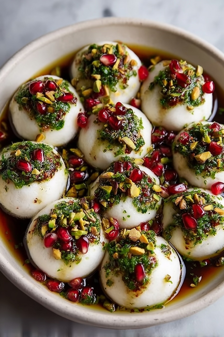 The image shows a round white bowl filled with nine smooth, white, dome-shaped dumplings arranged closely together. Each dumpling is topped with a vibrant green sauce mixed with chopped herbs, bright red pomegranate seeds, and scattered light green pistachio pieces. The sauce slightly drips down the sides of some dumplings, adding texture contrast. The bowl rests on a white marbled surface, creating a clean and fresh background. photo taken with an iphone --ar 2:3 --v 7 - Festive Burrata Balls with Pomegranate and Pistachios, appetizer ideas, holiday party starters, easy cheese appetizers, elegant holiday appetizers