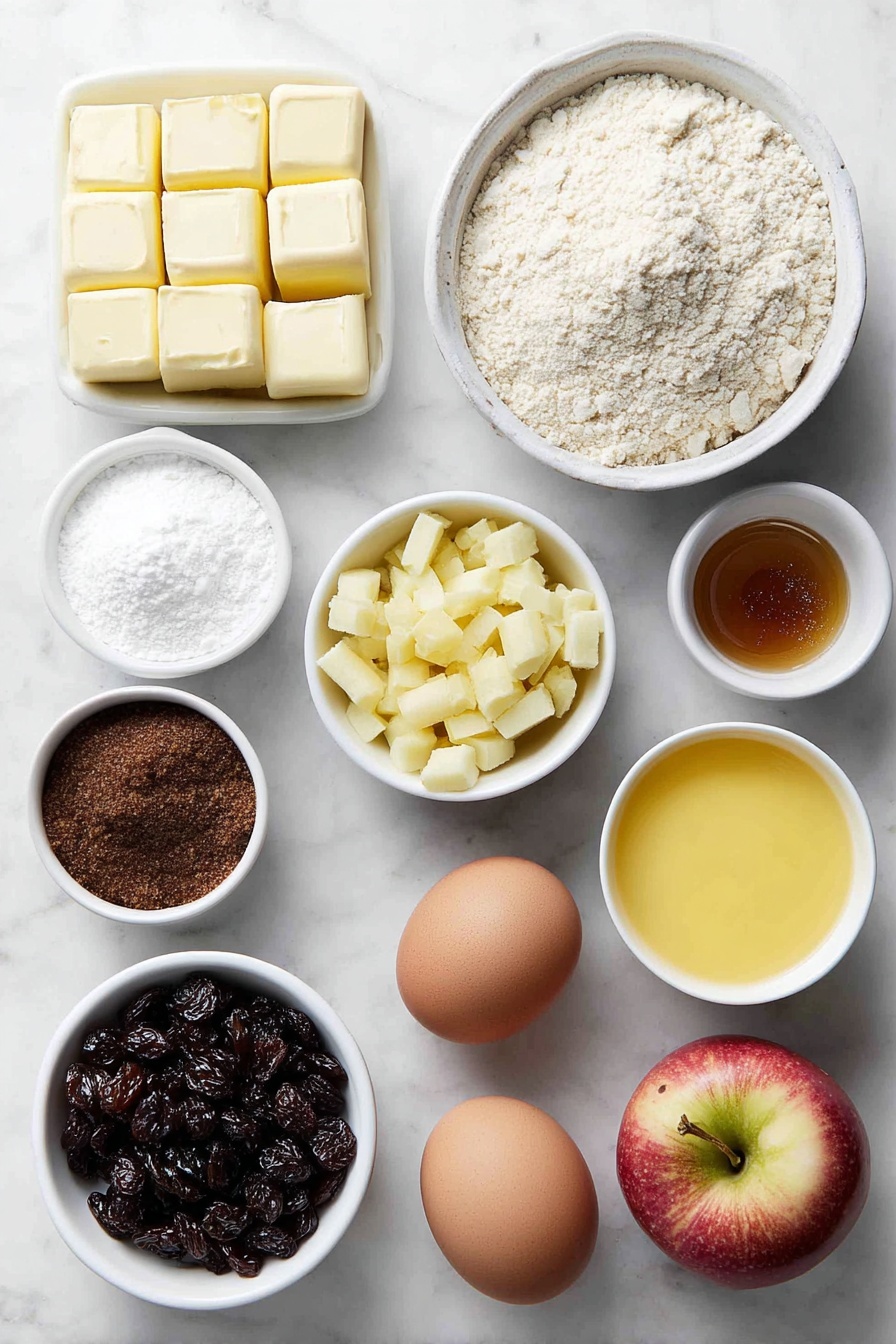 Flat lay of a few irregular golden chunks of salted butter, a small heaped mound of dark brown sugar, a small white ceramic bowl with all purpose flour, a small white ceramic bowl with pale breadcrumbs, two whole clean brown eggs, a small white ceramic bowl with dark mixed spice powder, a small white ceramic bowl with golden sultanas, a small white ceramic bowl with dark raisins, a small white ceramic bowl with tiny Zante currants, a small peeled and cored grated apple, a few thin strips of fresh orange rind, a small white ceramic bowl with bright orange juice mixed with brandy, a small white ceramic bowl with chopped colorful mixed candied peel placed symmetrically on a clean white marble surface, soft natural light, photo taken with an iPhone, professional food photography style, fresh ingredients, white ceramic bowls, no bottles, no duplicates, no utensils, no packaging --ar 2:3 --v 7 --p m7354615311229779997 - British Christmas Pudding with Brandy, traditional Christmas pudding recipe, festive British dessert, homemade Christmas pudding, how to make Christmas pudding