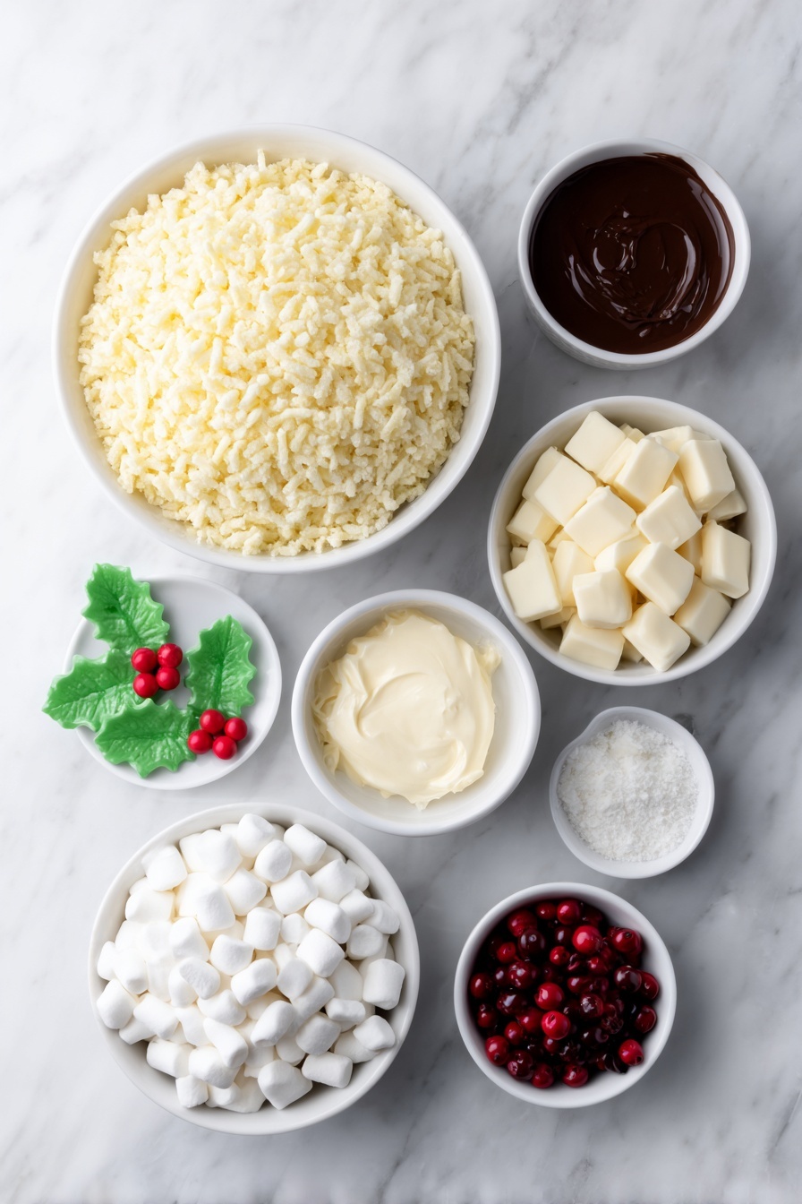 Flat lay of a large white ceramic bowl filled with golden Rice Krispies cereal, a small white bowl with smooth, melted milk chocolate, a small white bowl with melted unsalted butter, a small white bowl overflowing with soft white mini marshmallows, a small white bowl holding silky white melted white chocolate, small pale green sugarpaste holly leaves shapes arranged neatly, tiny bright red sugarpaste berries grouped in a small pile, and two small white bowls each containing vibrant green and rich red food colouring gels, all placed on a clean white marble surface, soft natural light, photo taken with an iPhone, professional food photography style, fresh ingredients, white ceramic bowls, no bottles, no duplicates, no utensils, no packaging --ar 2:3 --v 7 --p m7354615311229779997 - Chocolate Rice Krispie Christmas Puddings, Christmas dessert recipes, easy holiday treats, festive chocolate desserts, quick Christmas pudding ideas